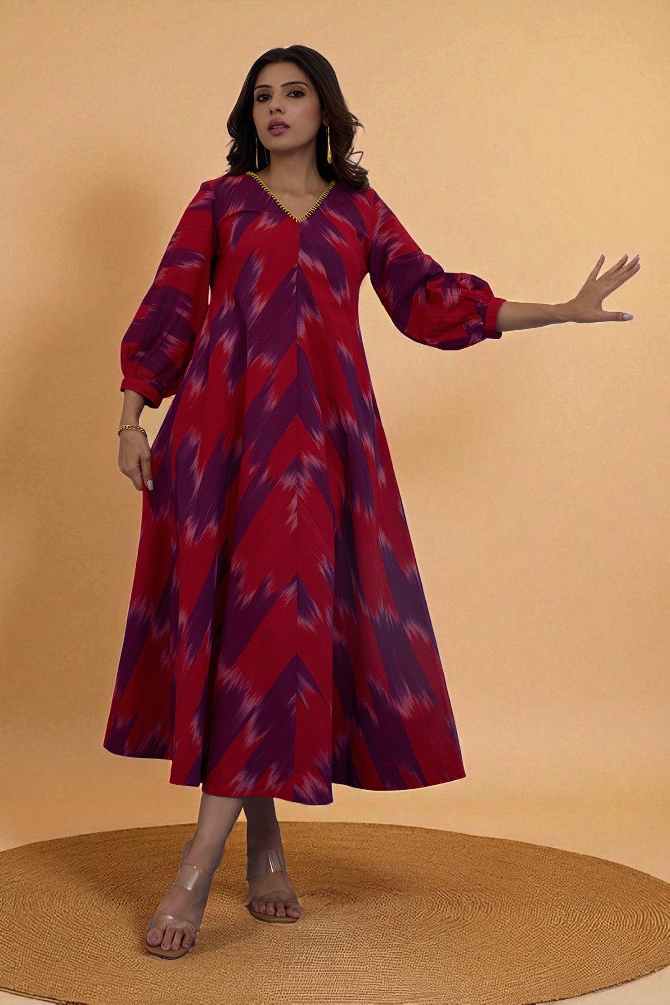 Maati Craft Gulabi Amethyst Flame V-Neck Midi Dress with Elevated Sleeves