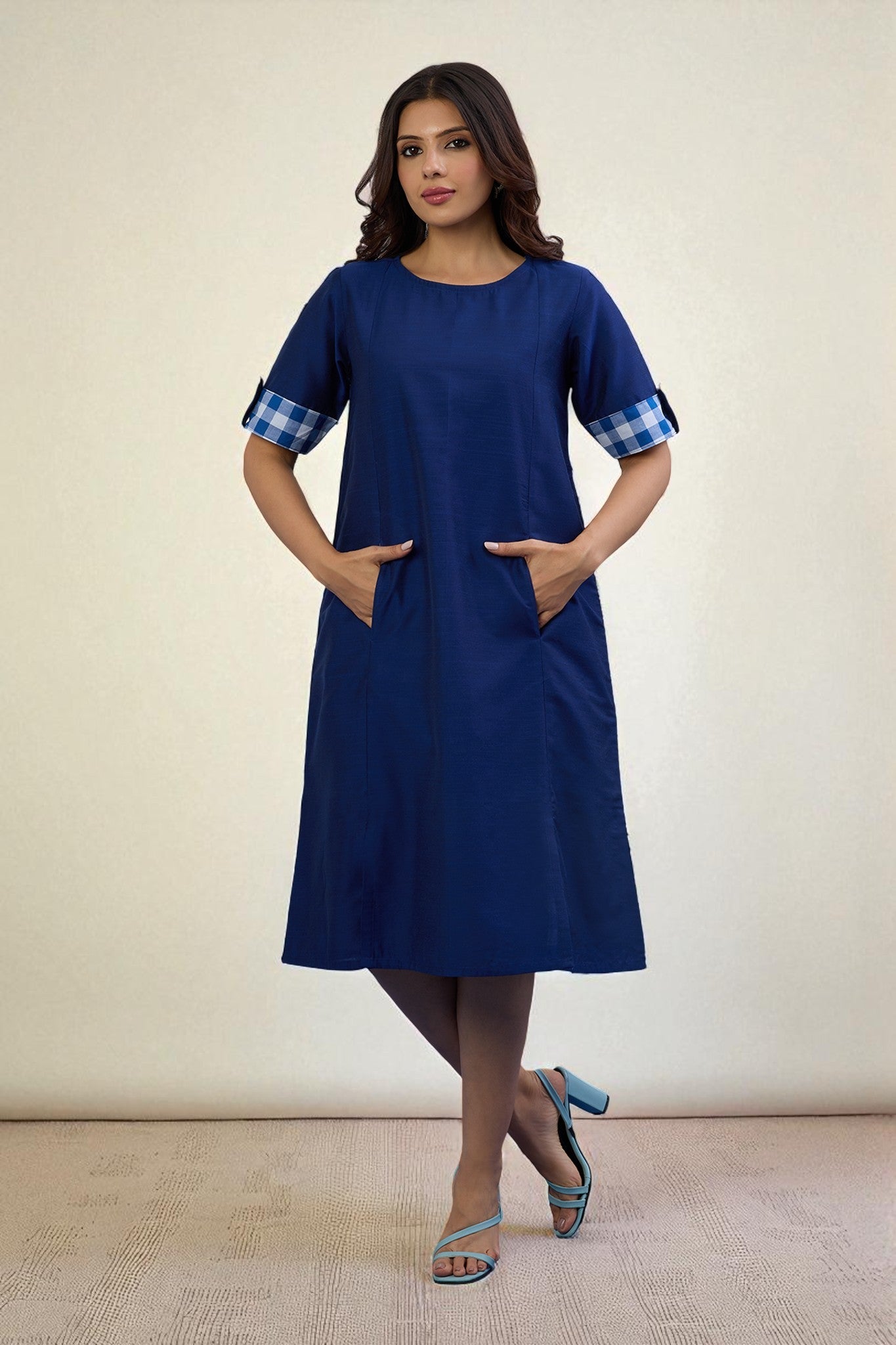 Maati Craft Gulabi Sapphire Glow Cotton Silk Slub Dress With Pockets