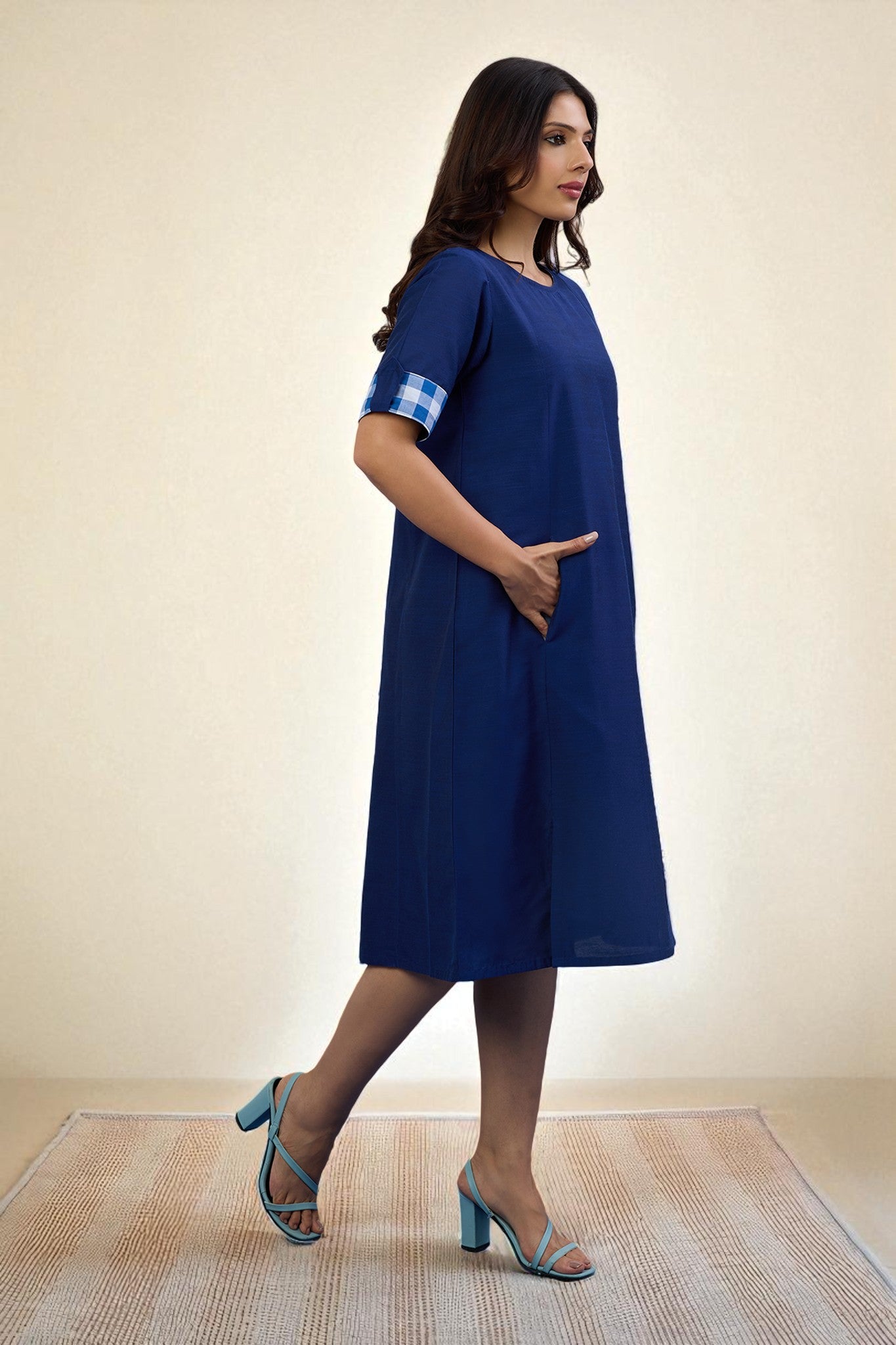 Maati Craft Gulabi Sapphire Glow Cotton Silk Slub Dress With Pockets