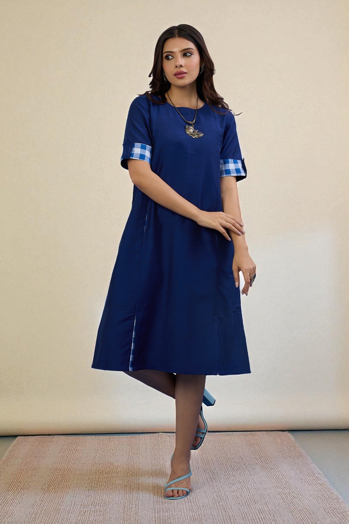 Maati Craft Gulabi Sapphire Glow Cotton Silk Slub Dress With Pockets