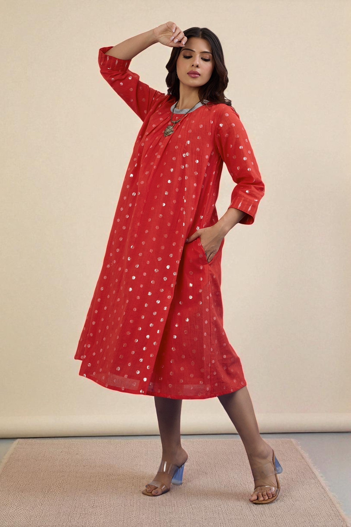 Maati Craft Gulabi Crimson Spark Cotton Crew Neck Gather Dress