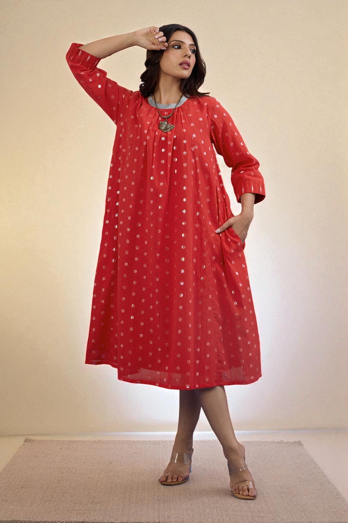 Maati Craft Gulabi Crimson Spark Cotton Crew Neck Gather Dress