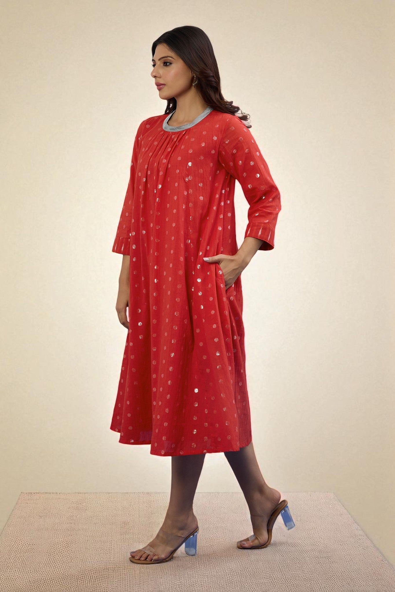 Maati Craft Gulabi Crimson Spark Cotton Crew Neck Gather Dress