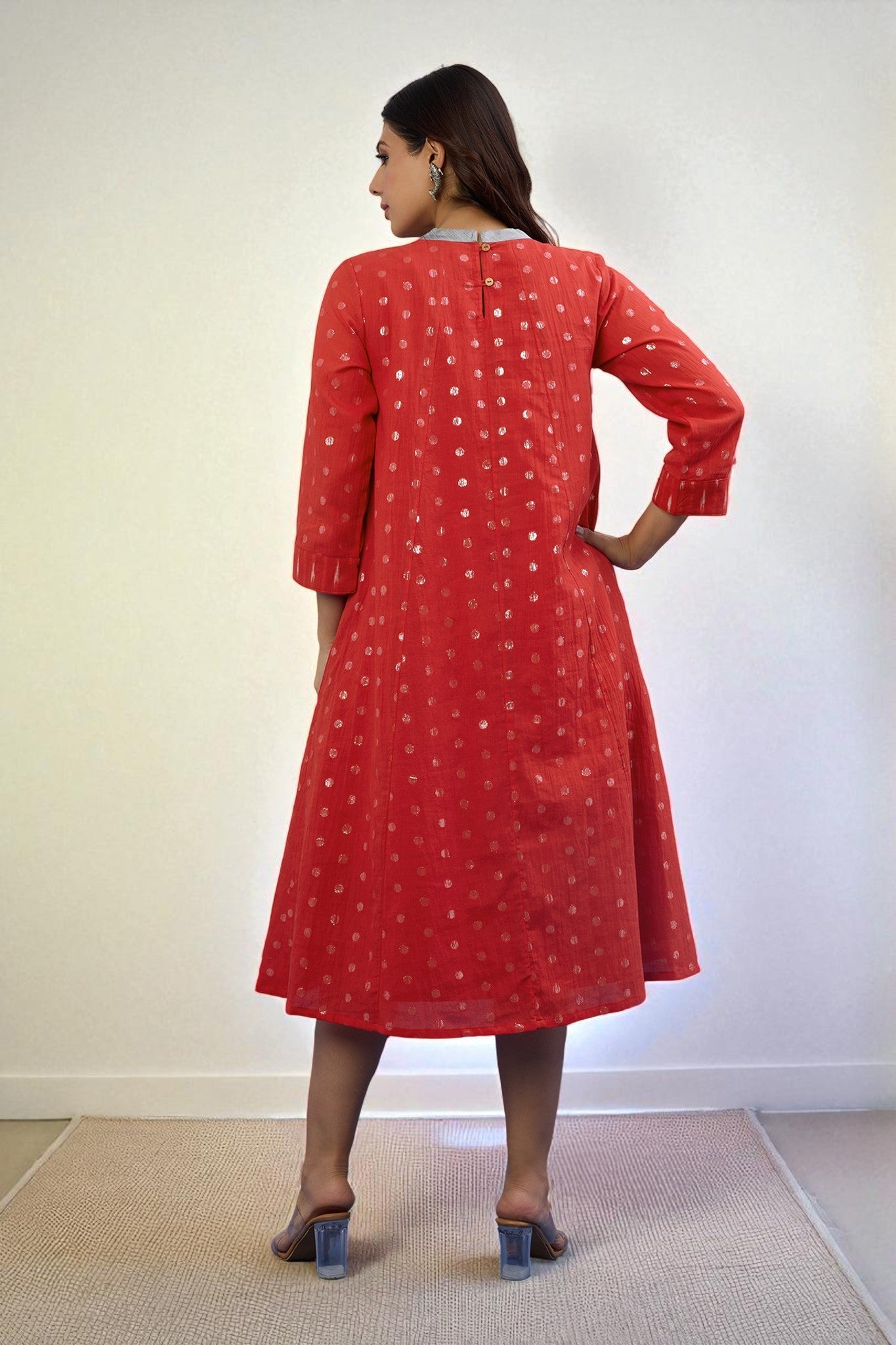 Maati Craft Gulabi Crimson Spark Cotton Crew Neck Gather Dress