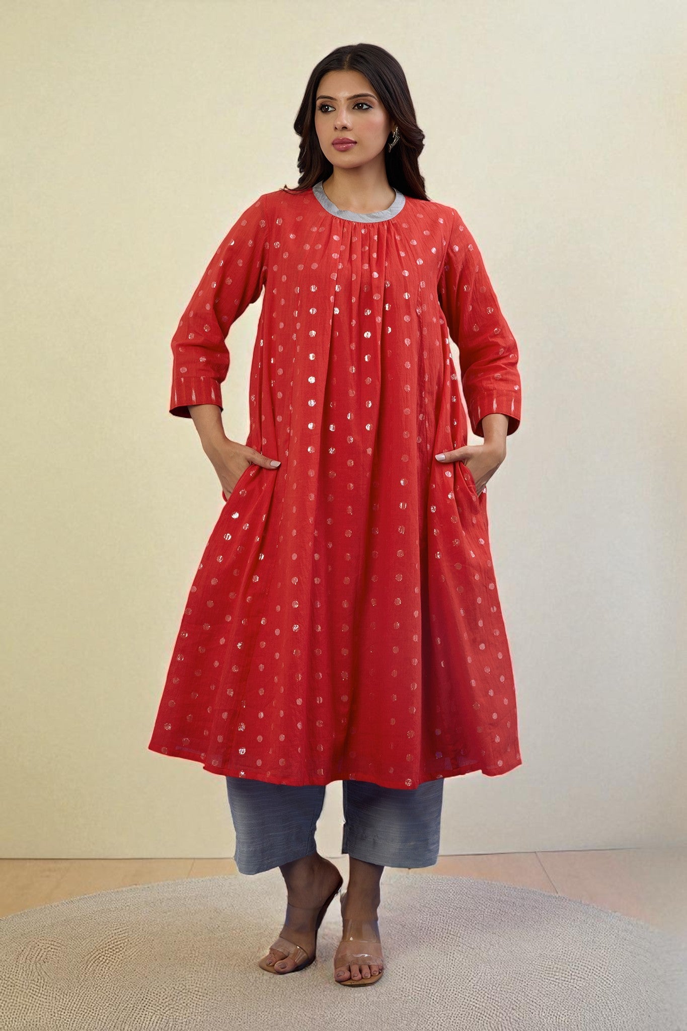 Maati Craft Gulabi Crimson Spark Cotton Crew Neck Gather Dress