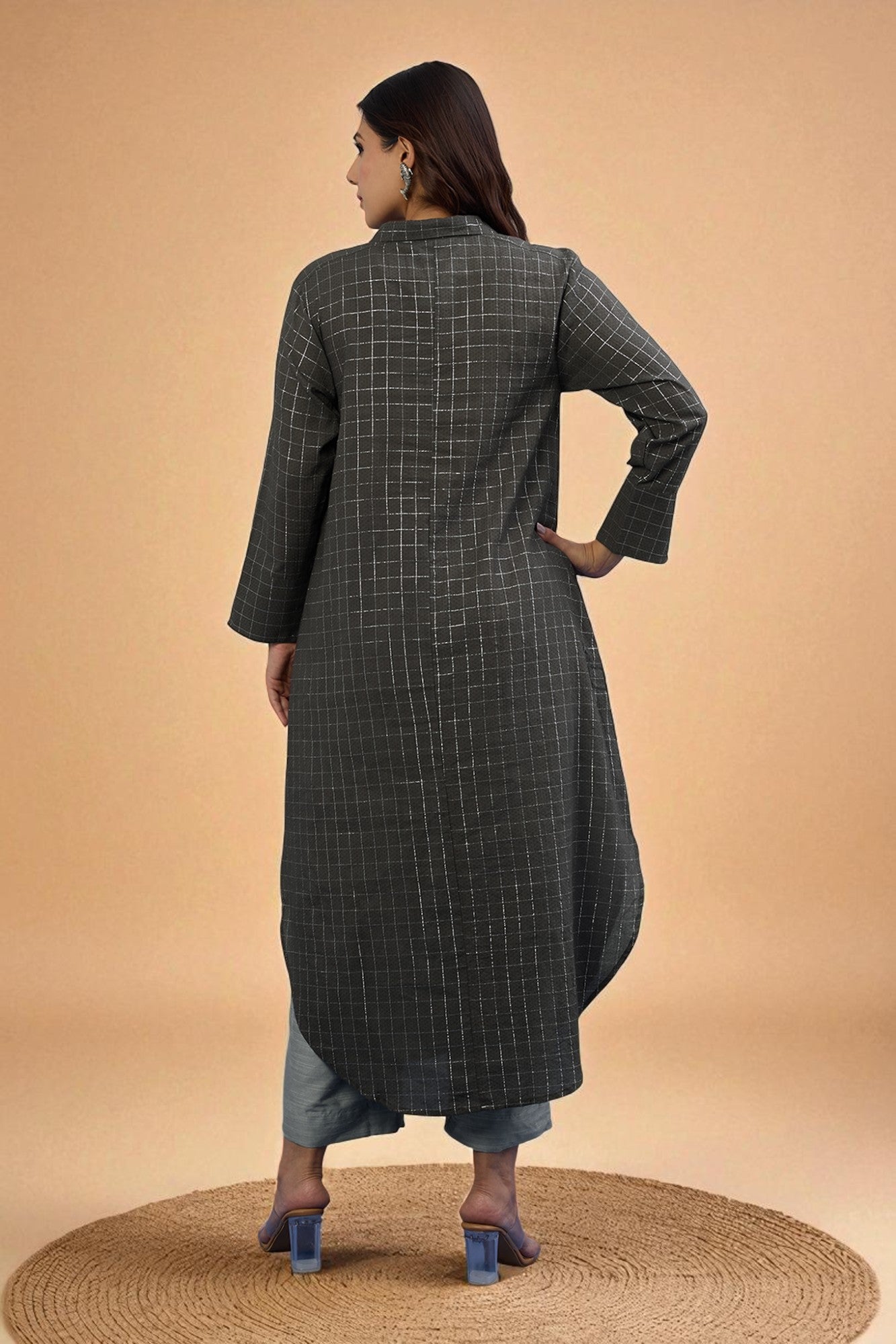 Maati Craft Gulabi Cocoa Silver Grid Long Cotton Shirt Dress