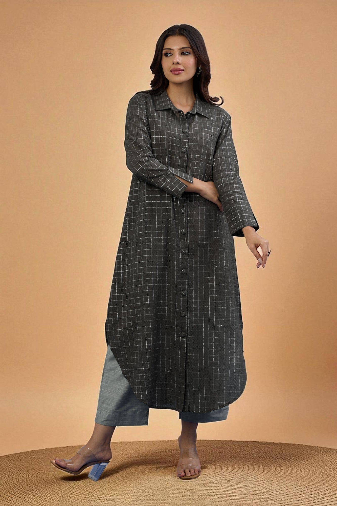 Maati Craft Gulabi Cocoa Silver Grid Long Cotton Shirt Dress