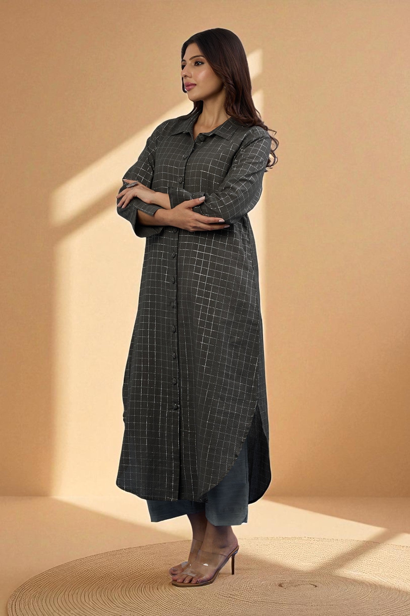 Maati Craft Gulabi Cocoa Silver Grid Long Cotton Shirt Dress