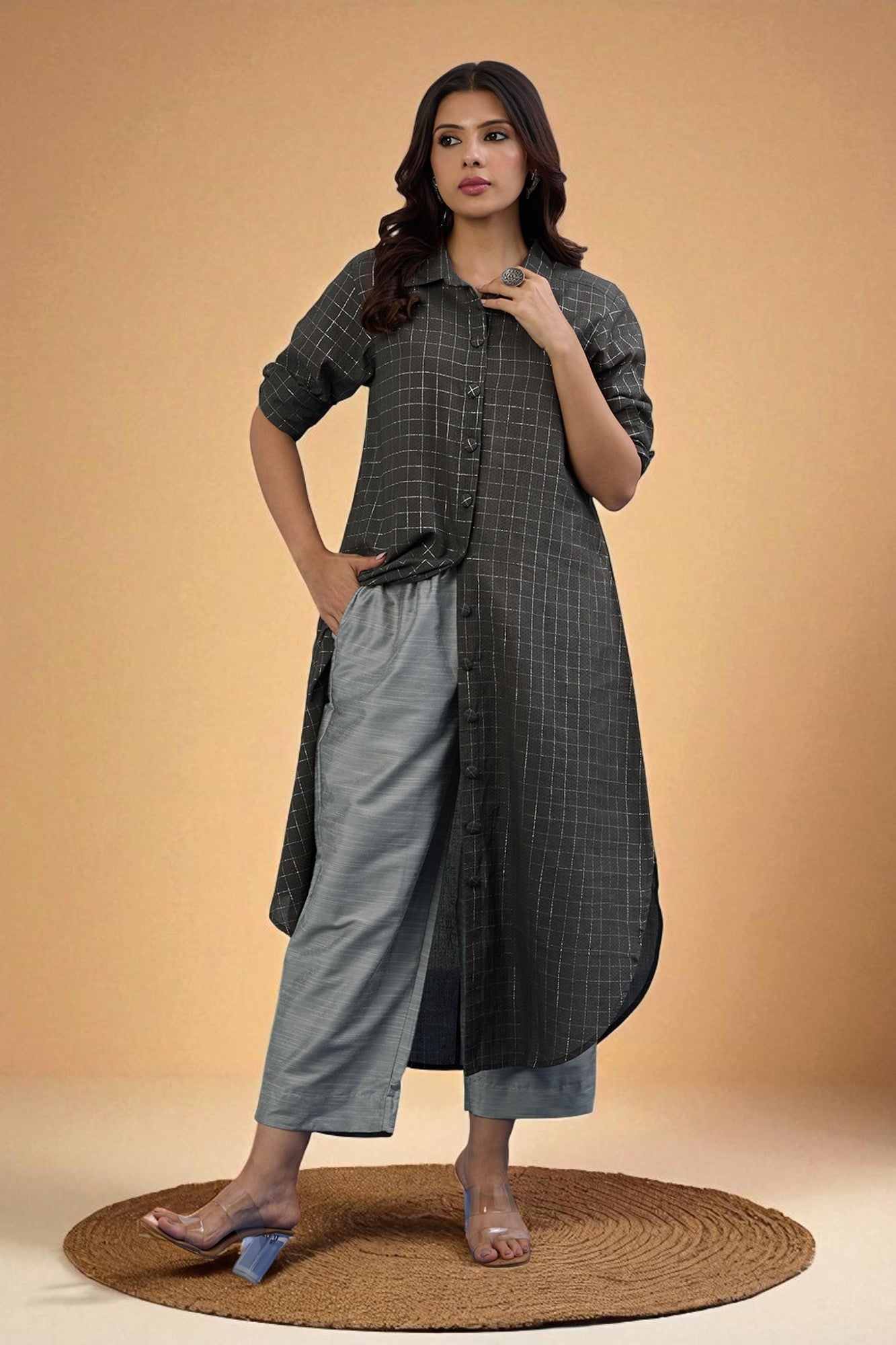 Maati Craft Gulabi Cocoa Silver Grid Long Cotton Shirt Dress