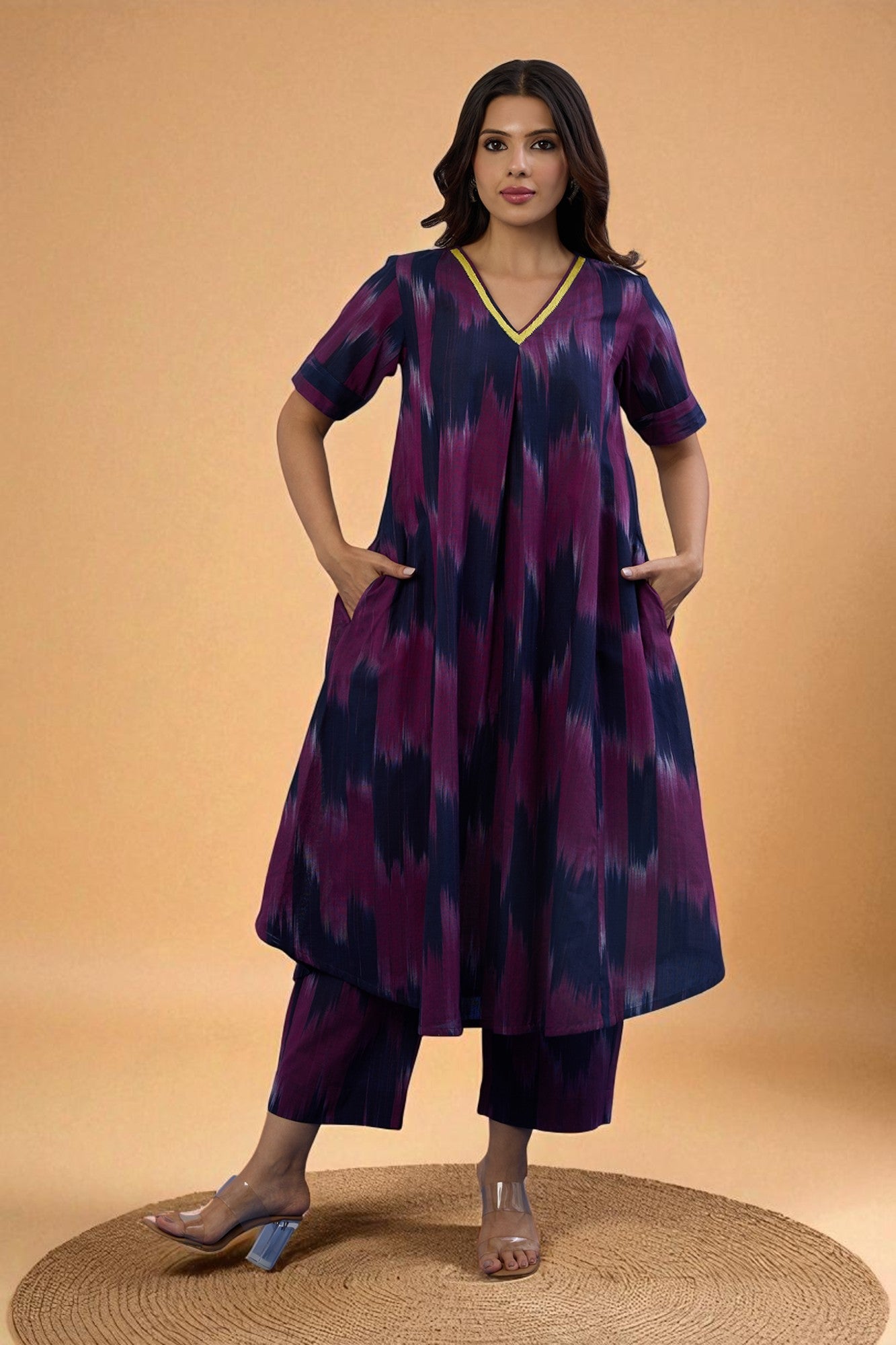Maati Craft Gulabi Twilight Streak Modern Box Pleated Cotton Kurta & Pants Co-ord Set
