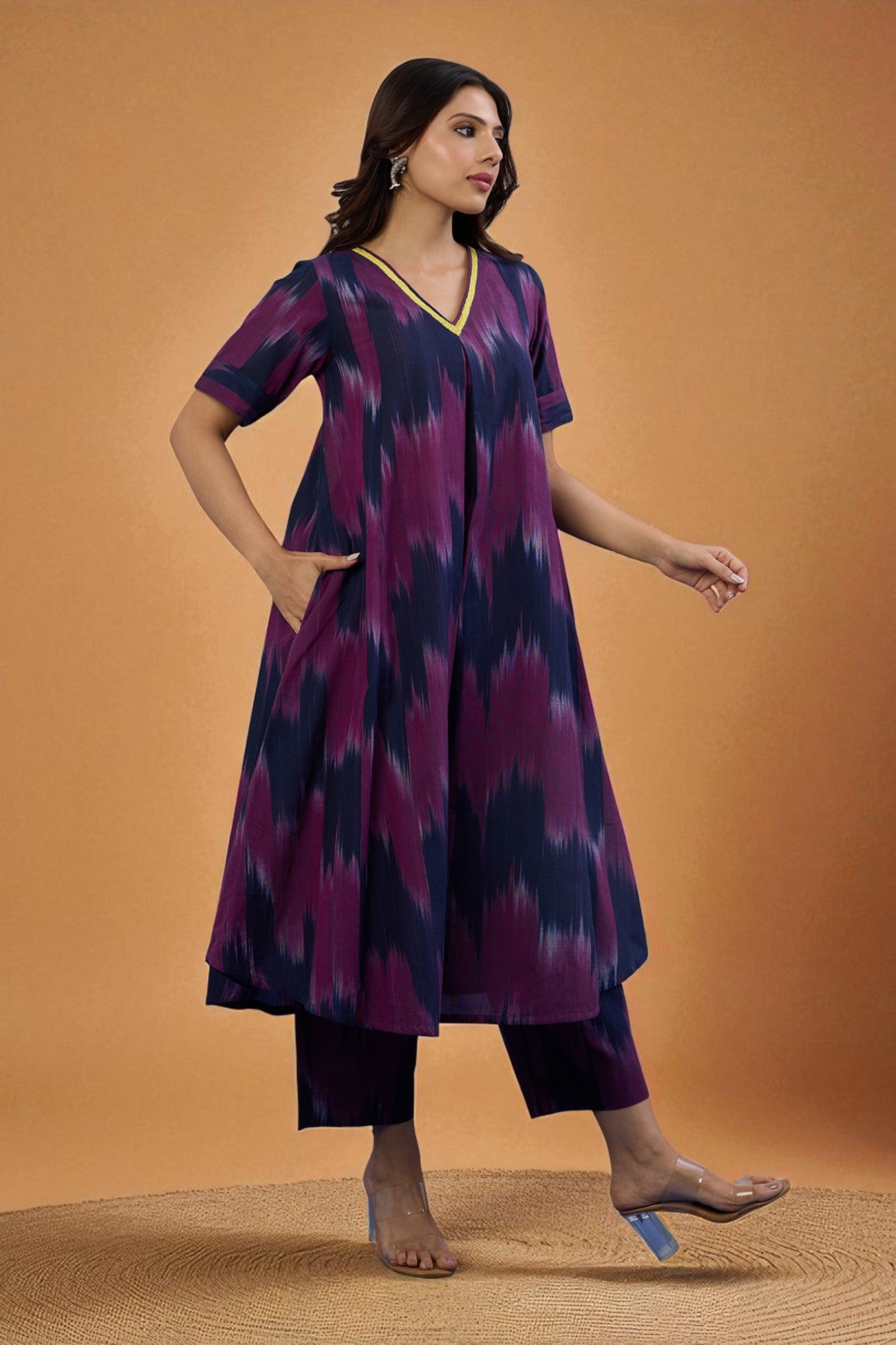 Maati Craft Gulabi Twilight Streak Modern Box Pleated Cotton Kurta & Pants Co-ord Set