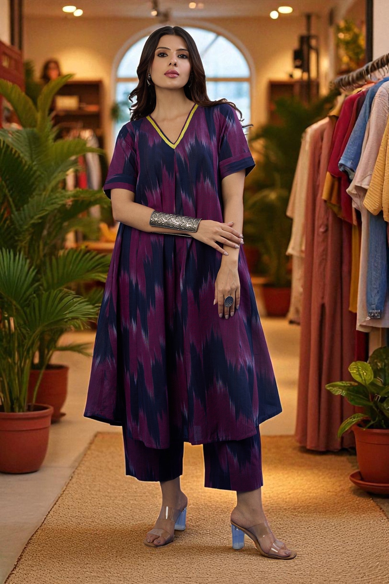 Maati Craft Gulabi Twilight Streak Modern Box Pleated Cotton Kurta & Pants Co-ord Set