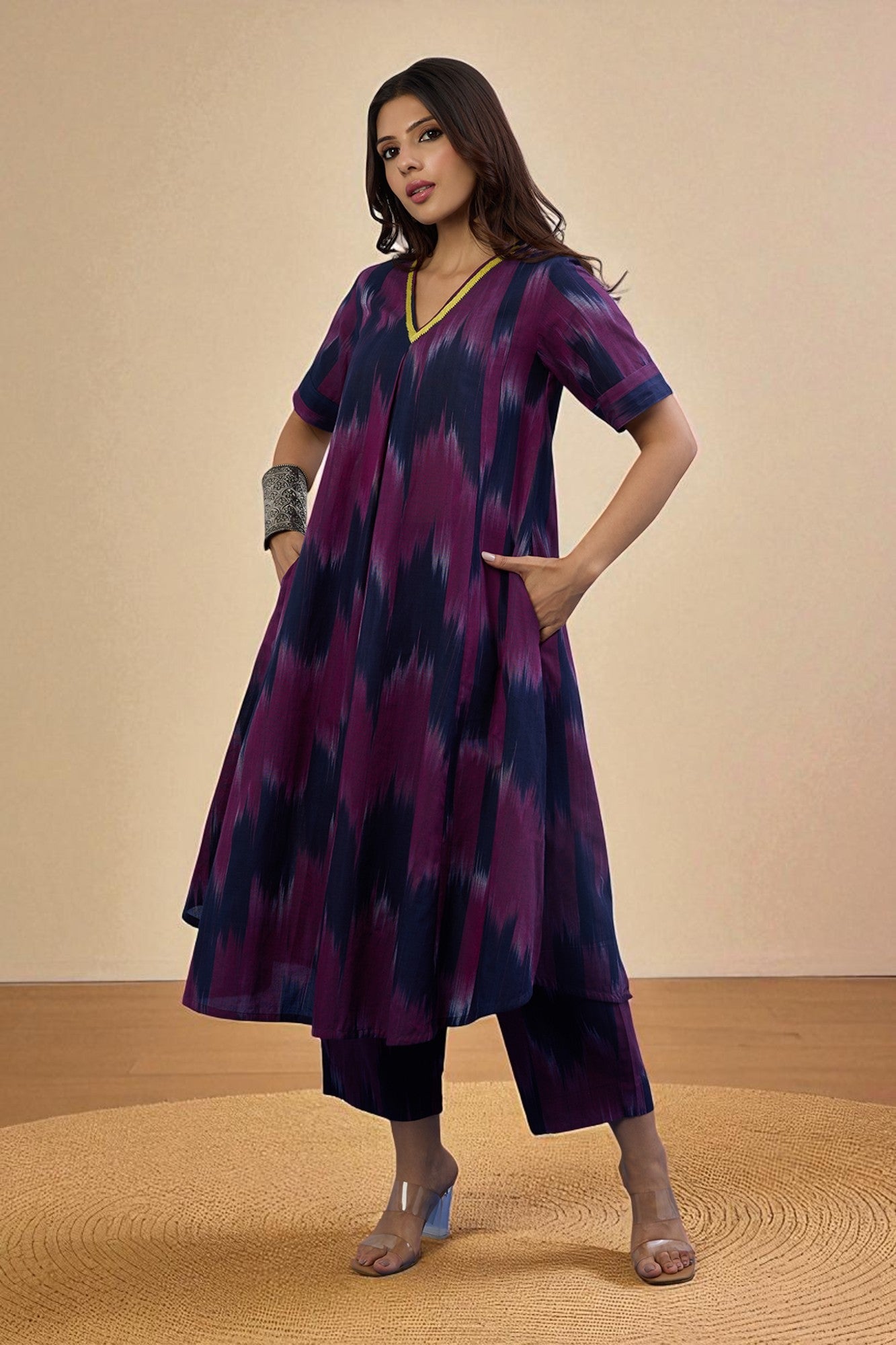 Maati Craft Gulabi Twilight Streak Modern Box Pleated Cotton Kurta & Pants Co-ord Set