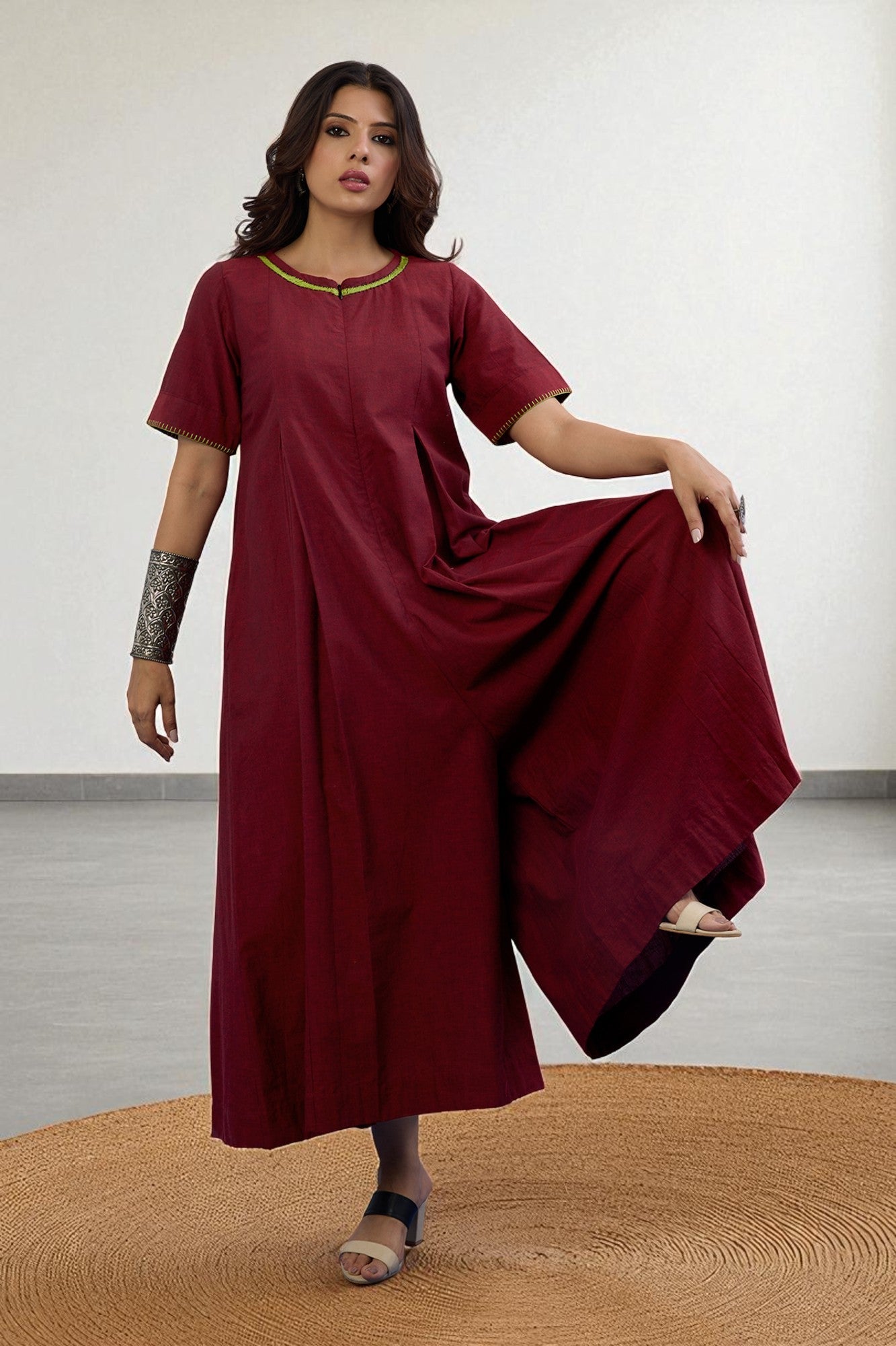 Maati Craft Gulabi Ruby Nightfall Front Zipper Cotton Jumpsuit with Pockets & Sleeves