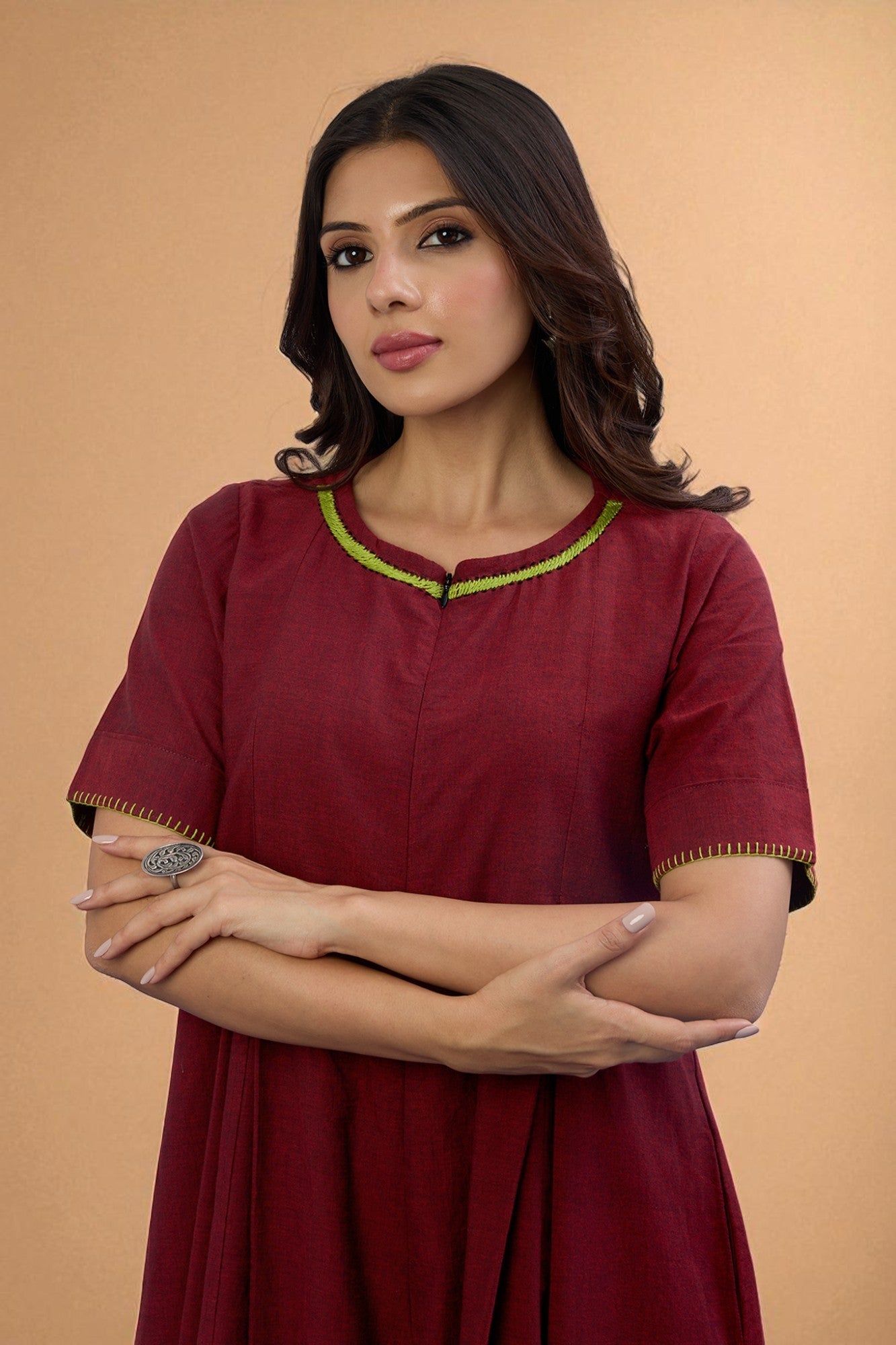 Maati Craft Gulabi Ruby Nightfall Front Zipper Cotton Jumpsuit with Pockets & Sleeves