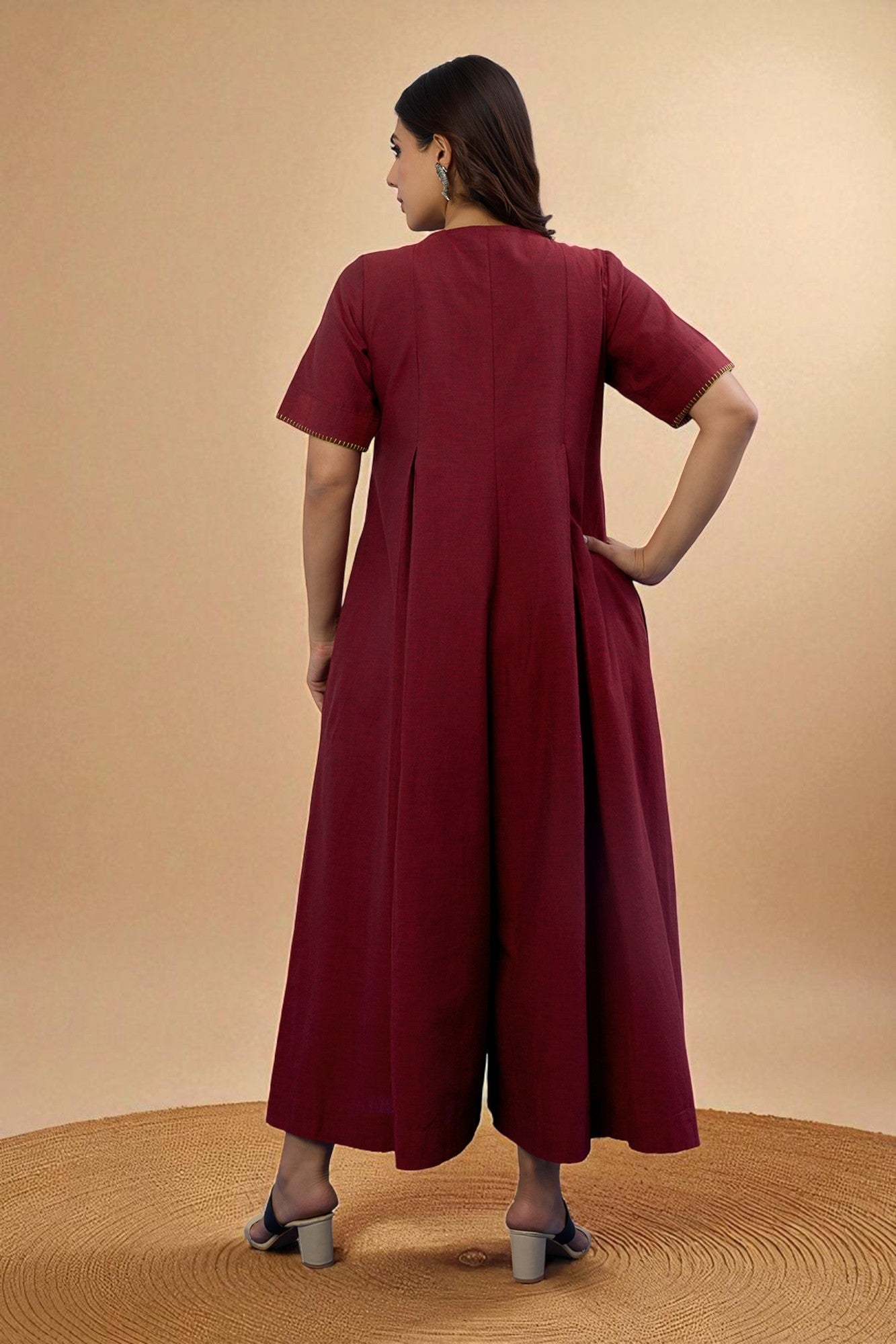 Maati Craft Gulabi Ruby Nightfall Front Zipper Cotton Jumpsuit with Pockets & Sleeves