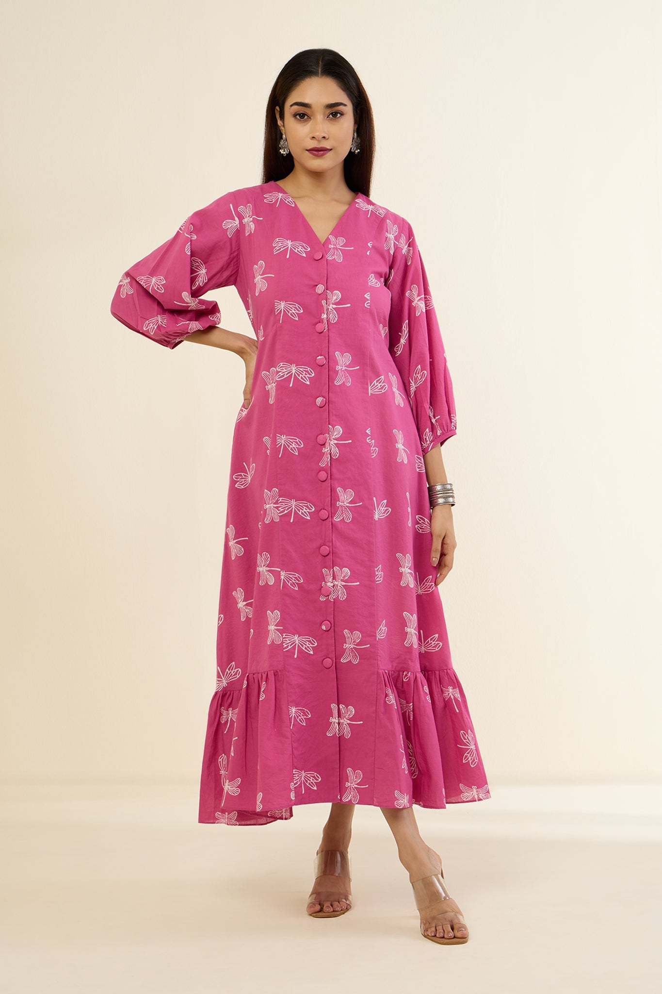 Pink & Dragonflies Dance Midi Dress With Ruffle Border Mc