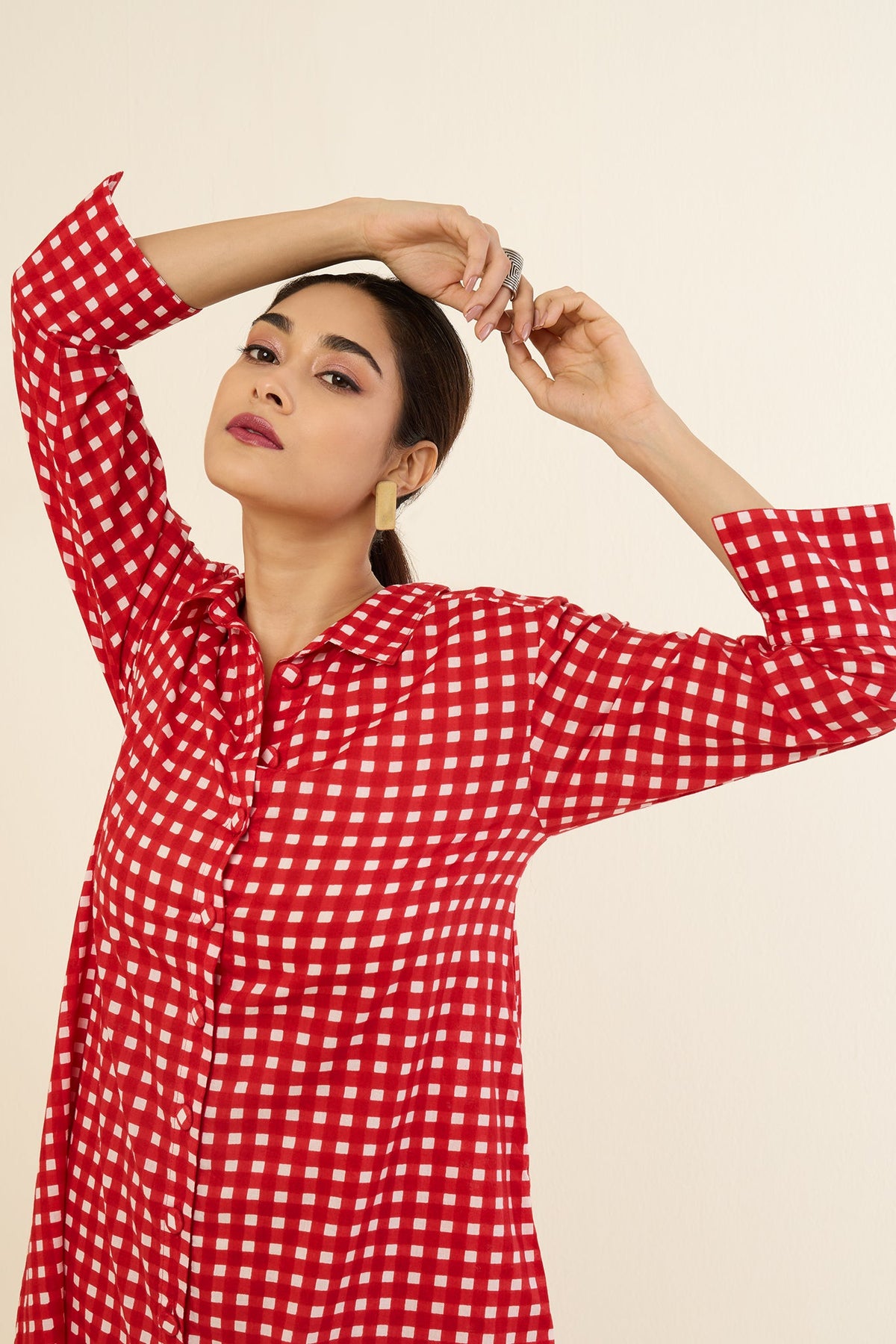 Cherry Checkered Delight Long Shirt Dress Mc