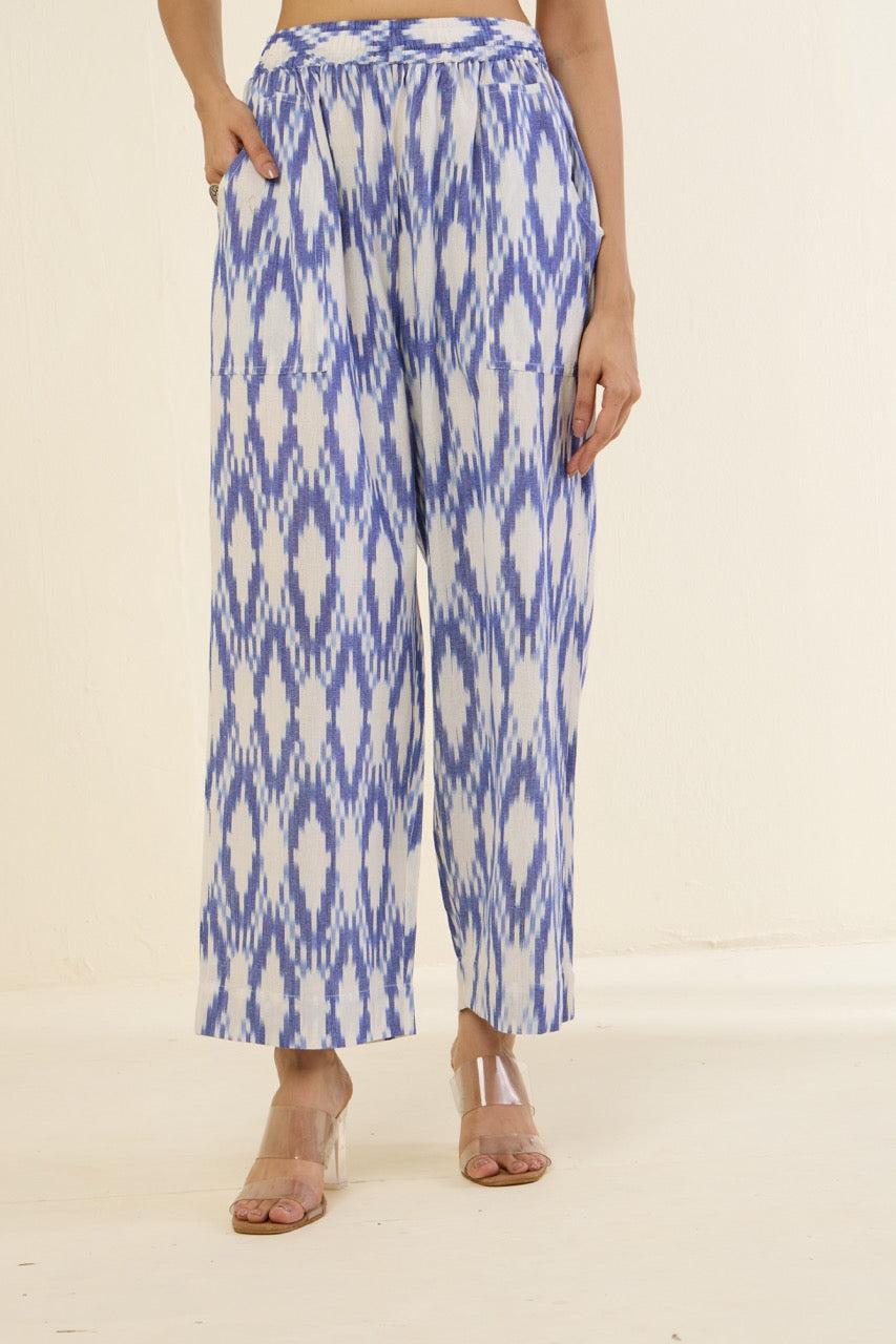 Maati Craft comfort fit cotton pants - blue ikat ocean breeze