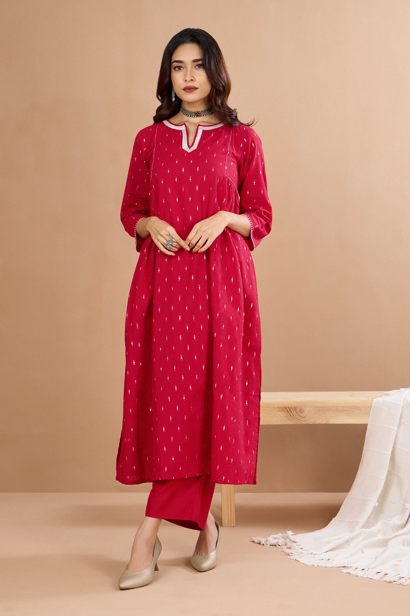 Red Moonlight Shimmer Side Gather A-Line Kurta Top Mc