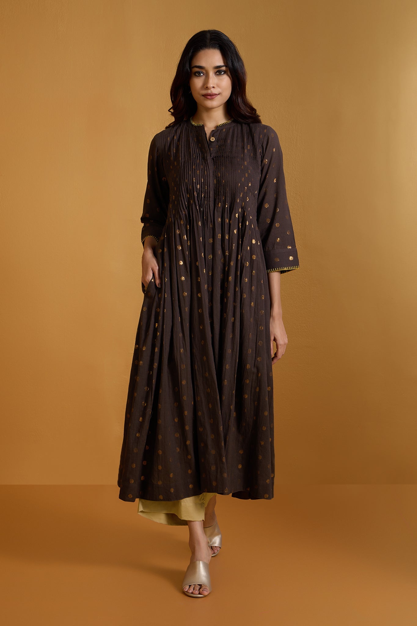 Maati Craft Chestnut Gold Infinity Pintuck Dress