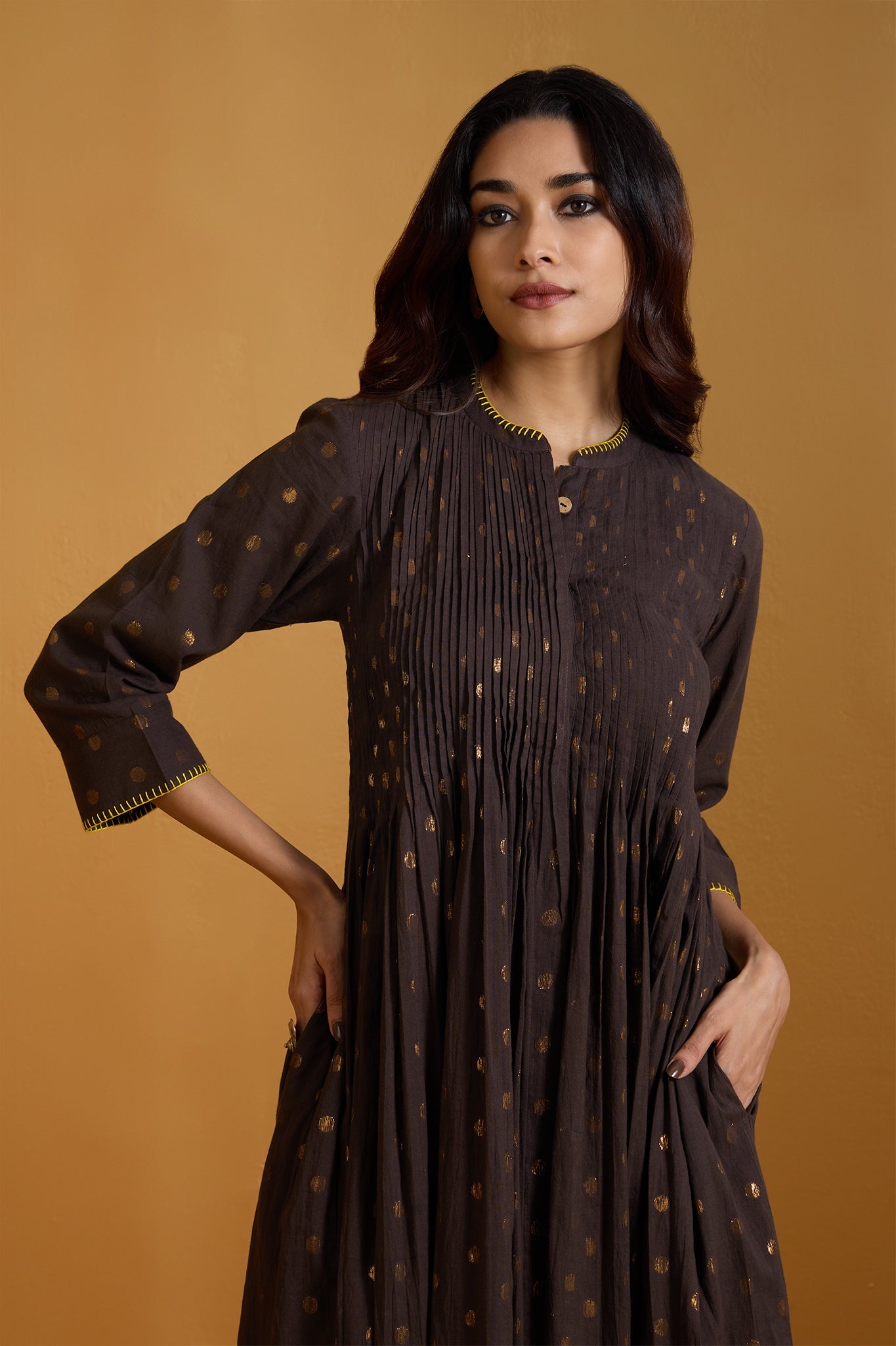 Maati Craft Chestnut Gold Infinity Pintuck Dress