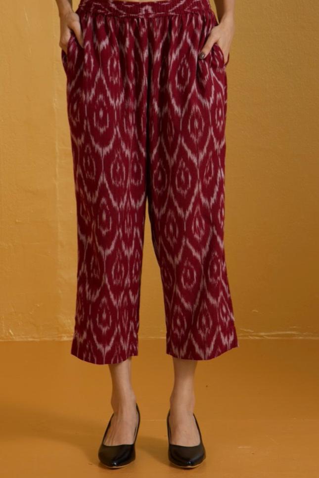 Maati Craft comfort fit ankle length narrow pants - maroon beige ikat
