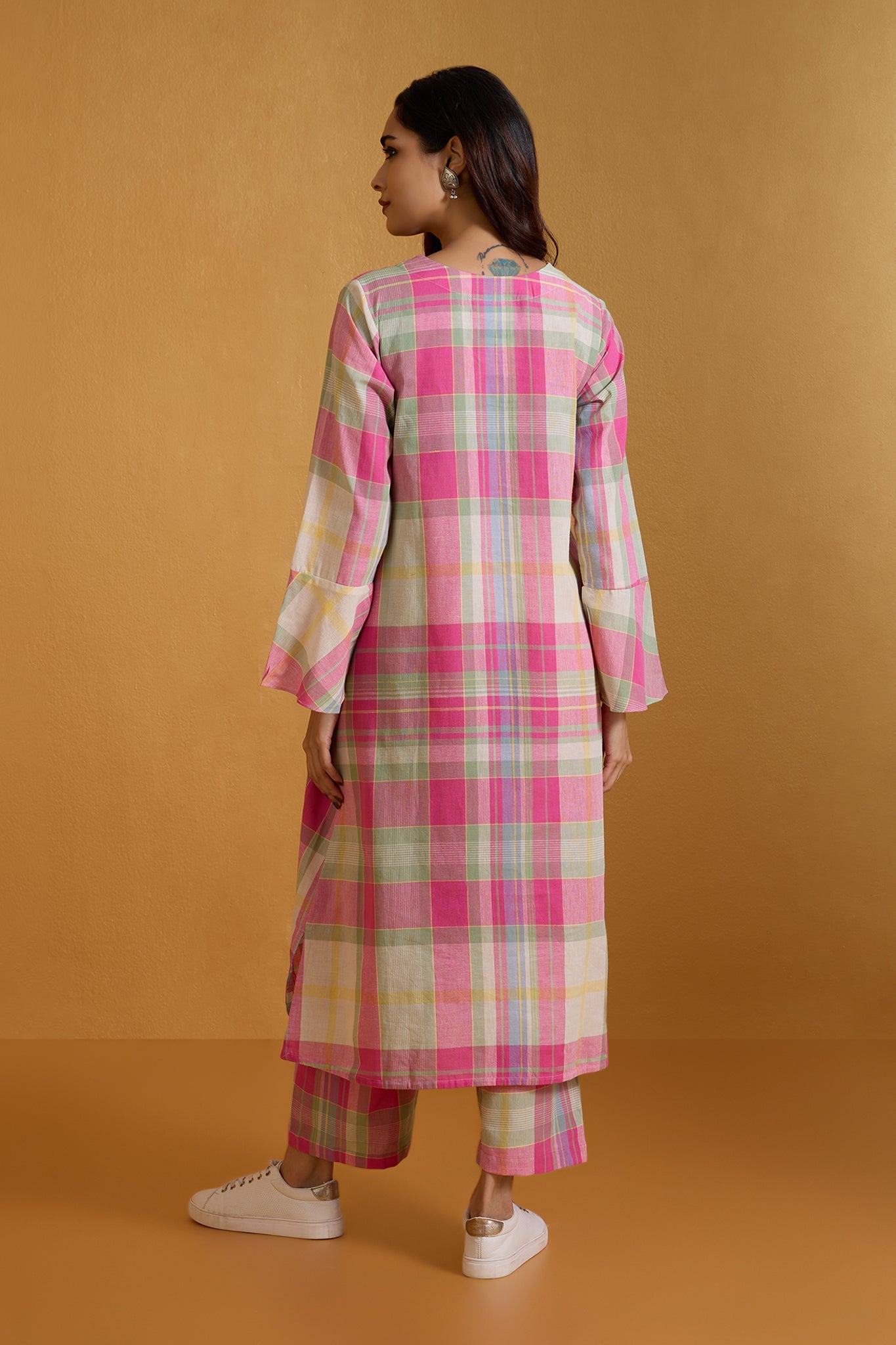 Maati Craft Co-ord Set Fuchsia Plaid Dream Modern Long Tunic Kurta & Pants