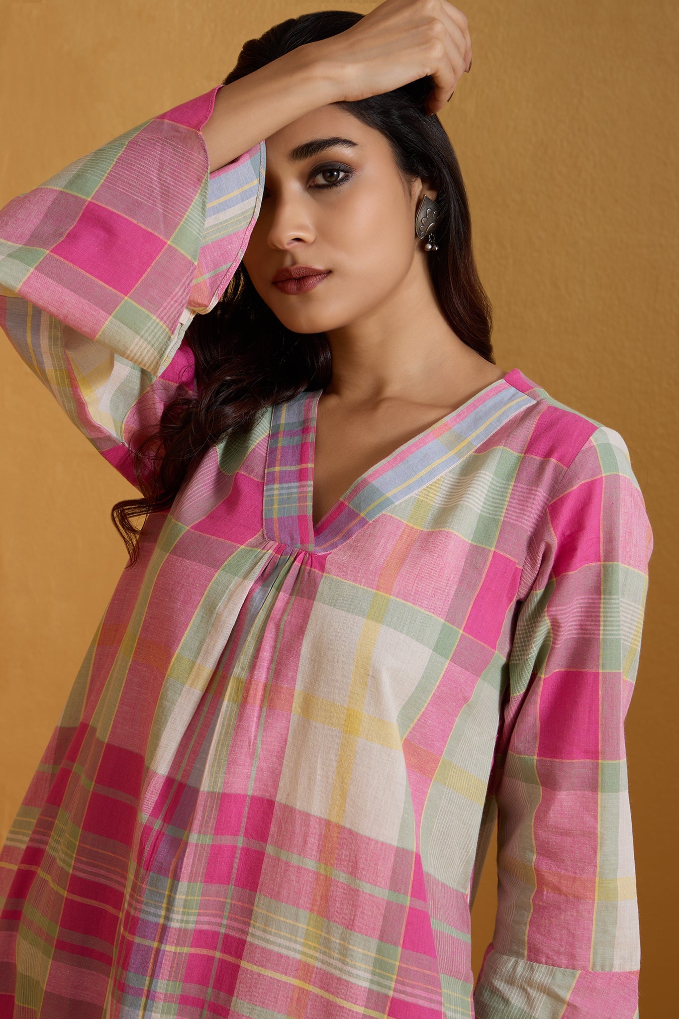 Maati Craft Co-ord Set Fuchsia Plaid Dream Modern Long Tunic Kurta & Pants