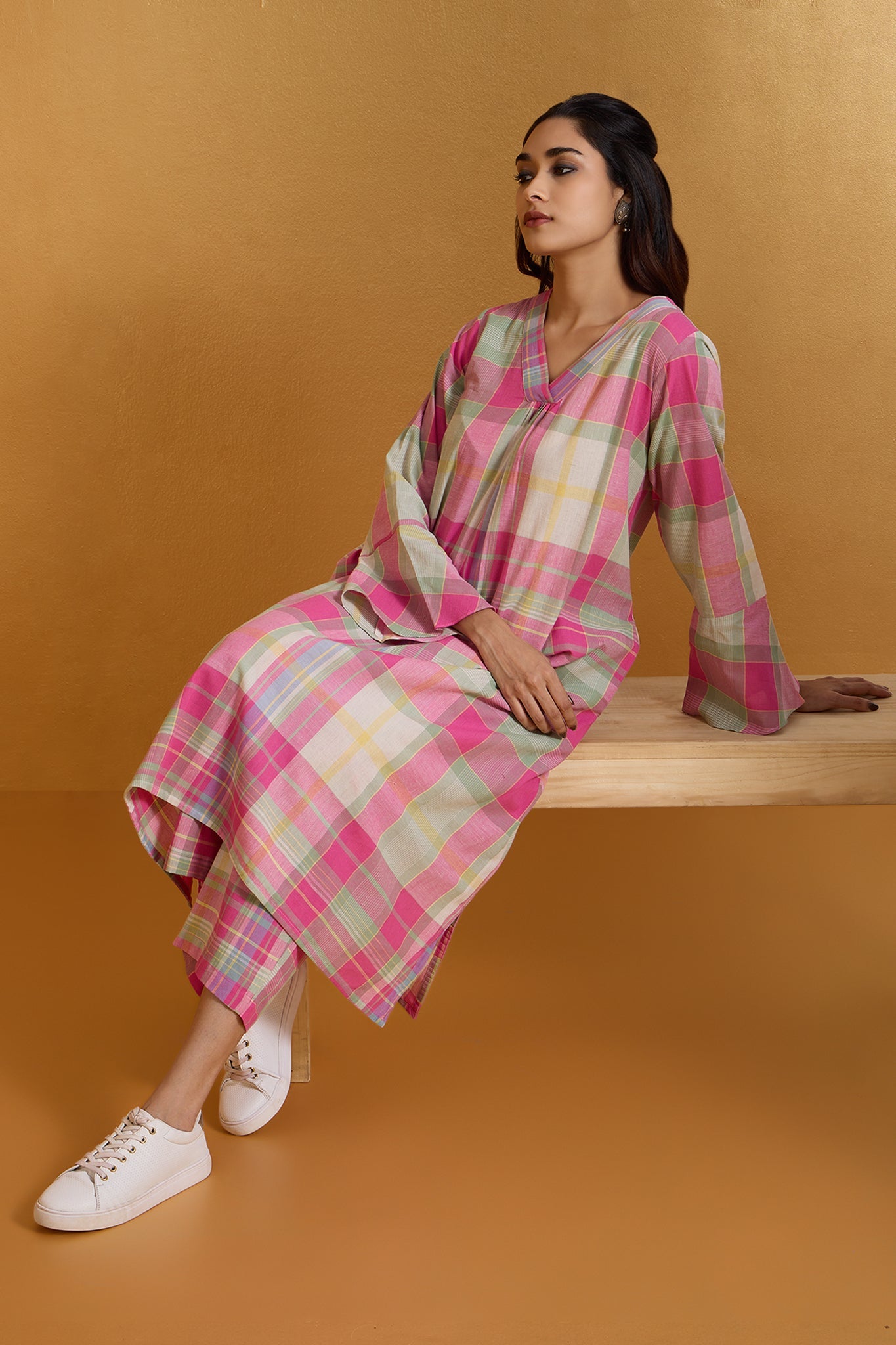 Maati Craft Co-ord Set Fuchsia Plaid Dream Modern Long Tunic Kurta & Pants