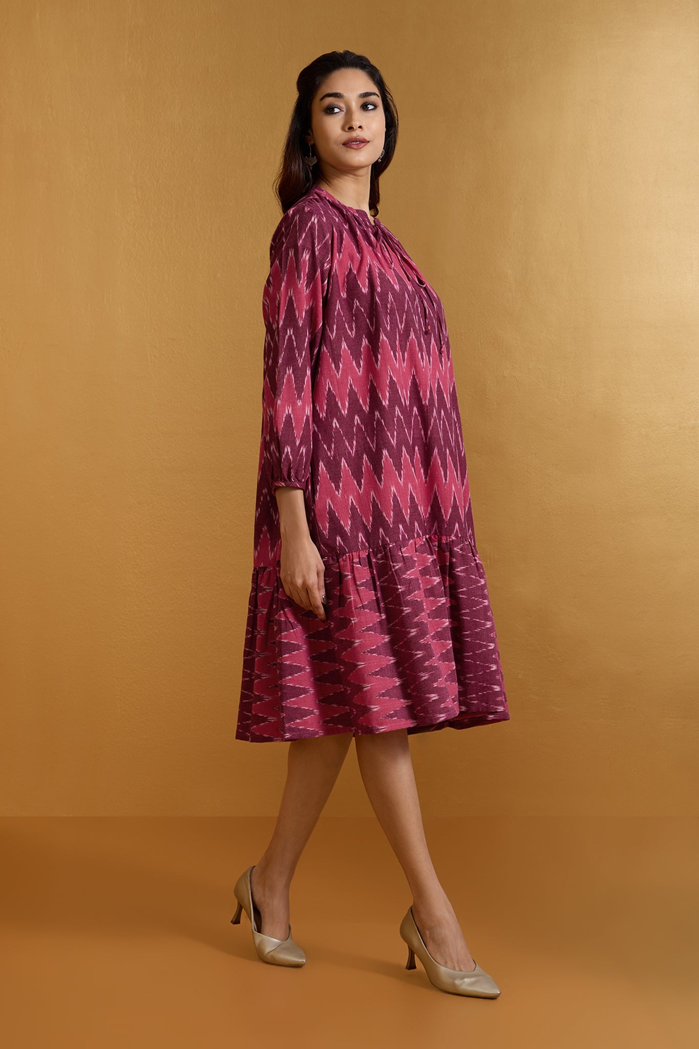 Maati Craft Crimson Chevron Ruffle Midi Dress