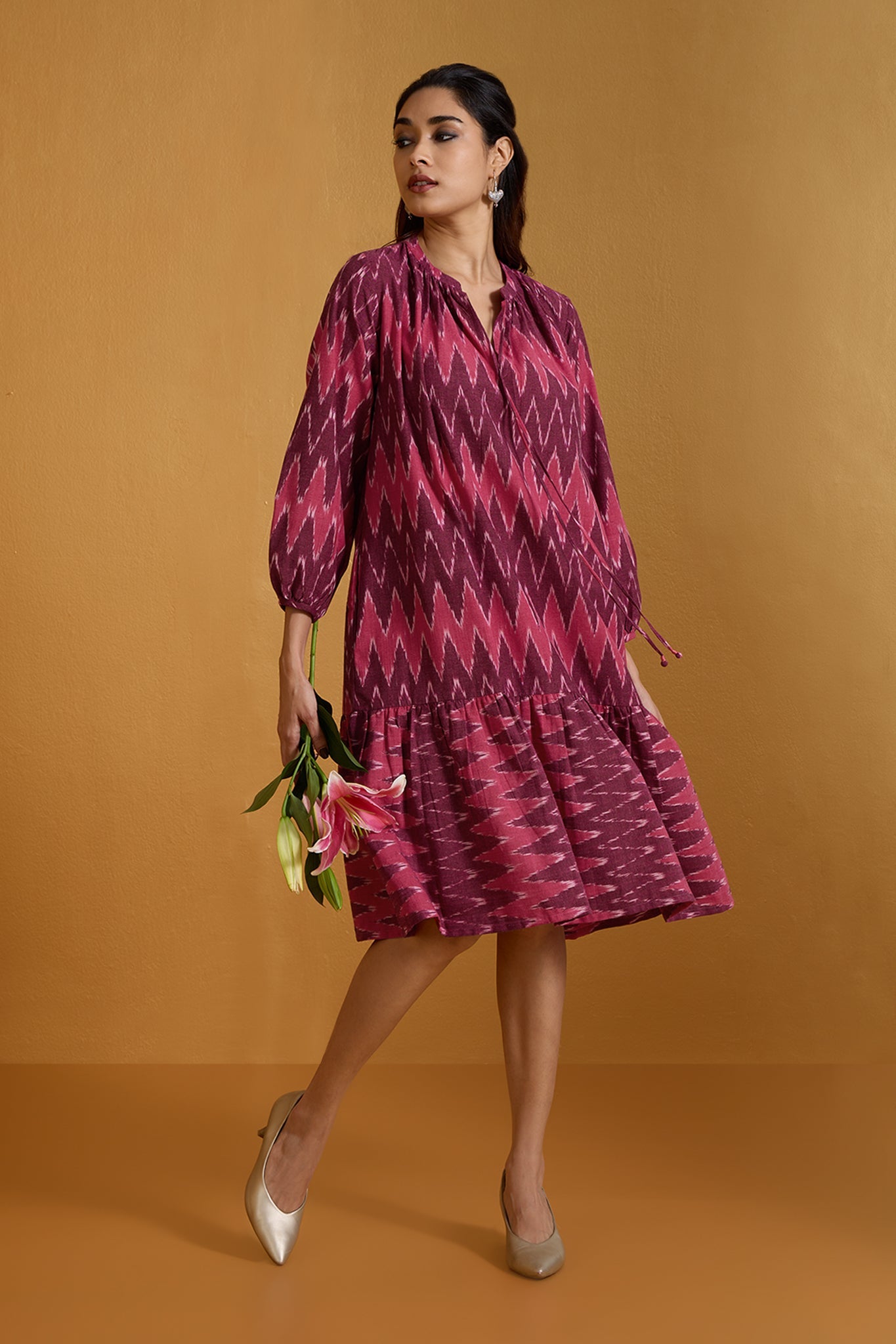 Maati Craft Crimson Chevron Ruffle Midi Dress