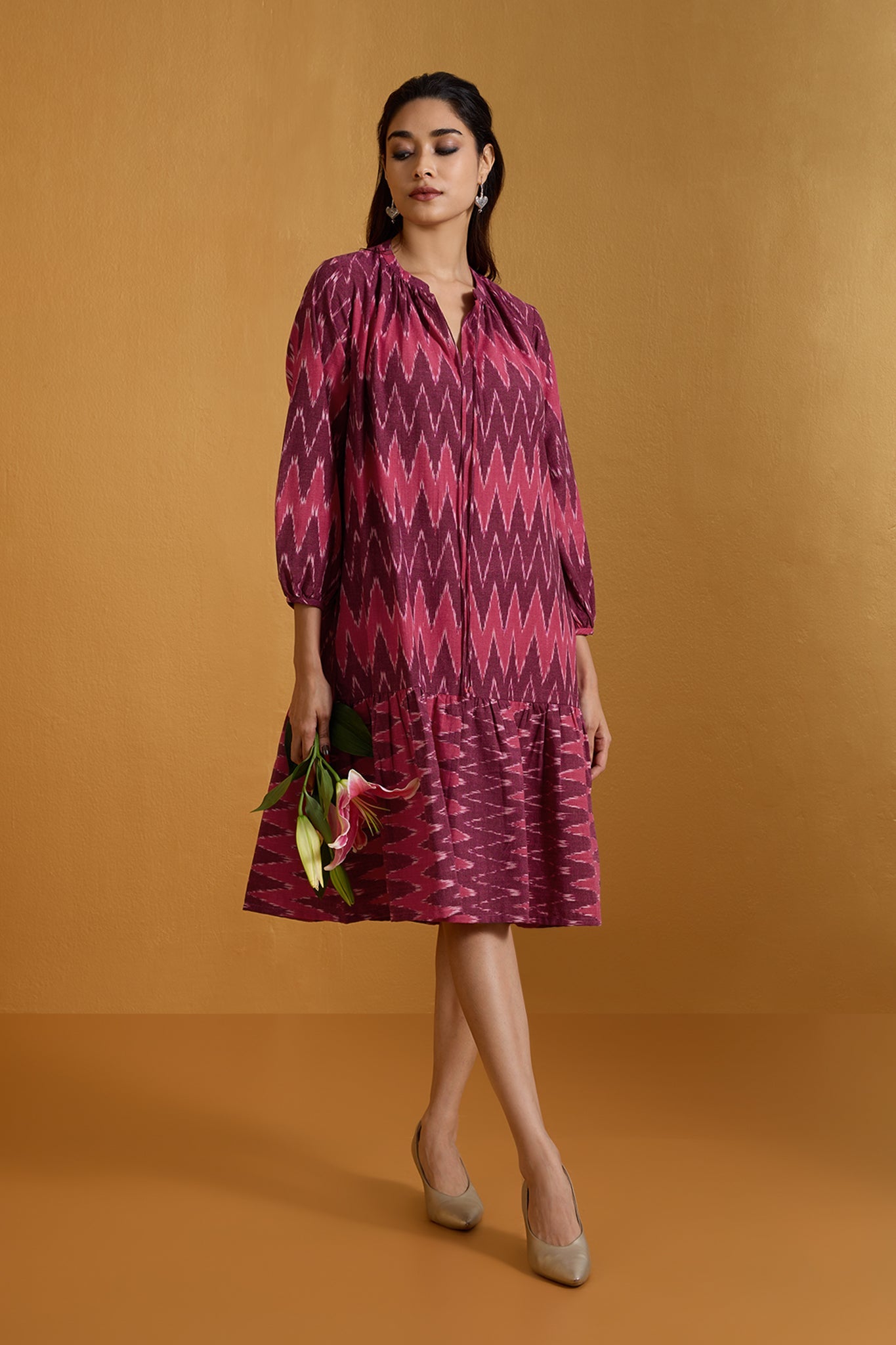 Maati Craft Crimson Chevron Ruffle Midi Dress