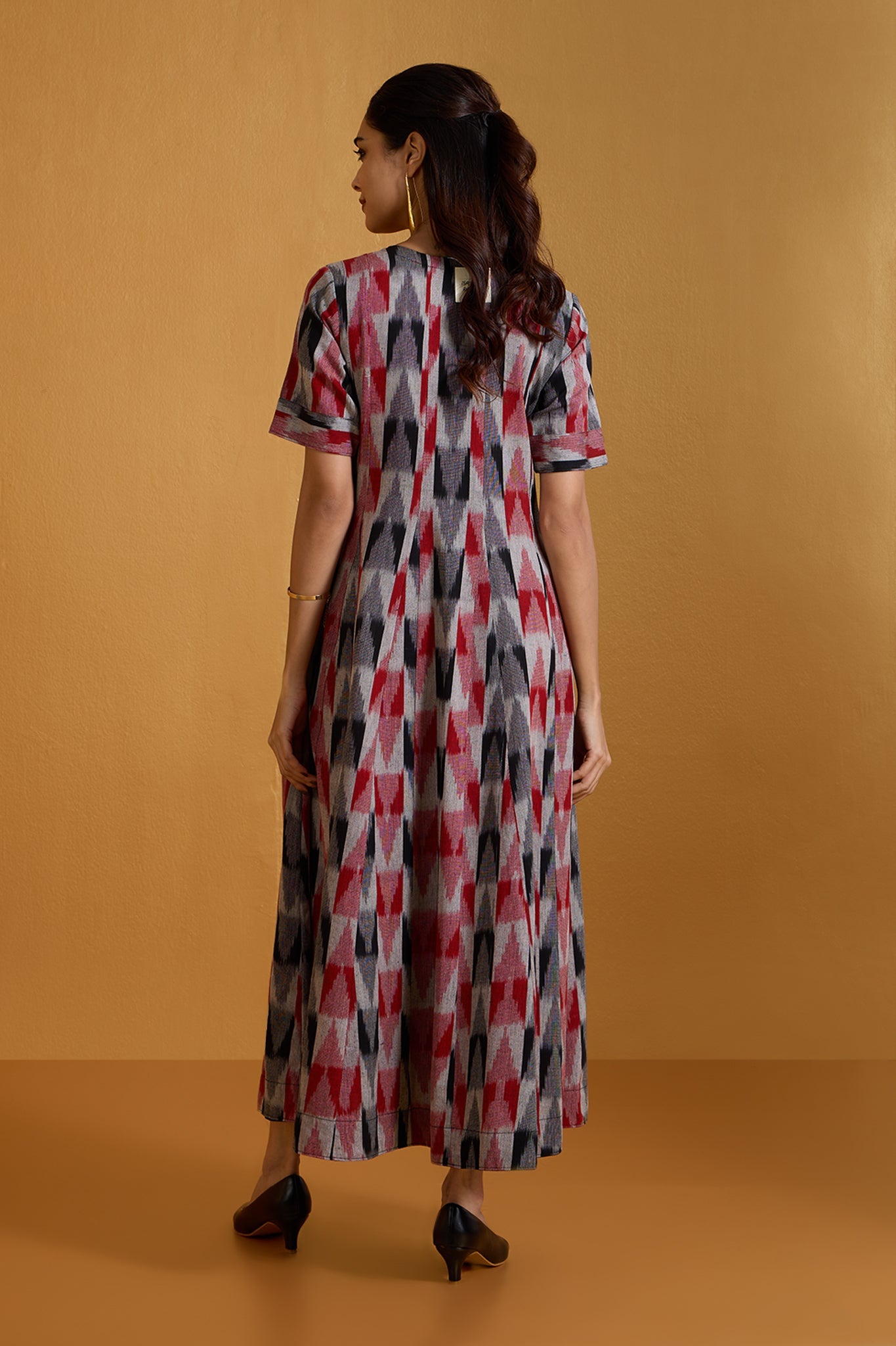 Maati Craft Charcoal Ruby Checks Long Maxi Dress with Sleeves
