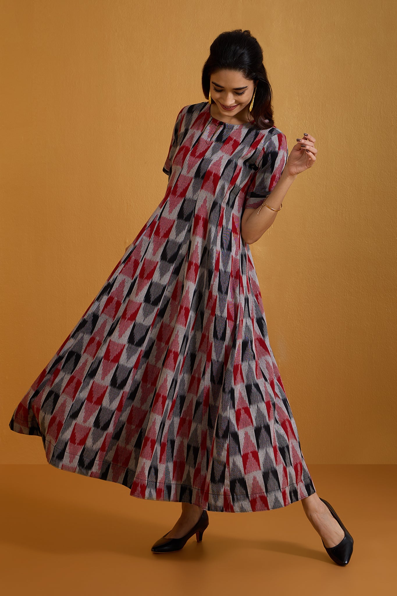 Maati Craft Charcoal Ruby Checks Long Maxi Dress with Sleeves