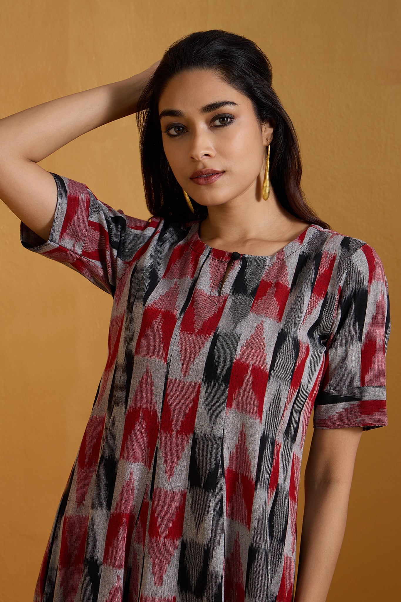 Maati Craft Charcoal Ruby Checks Long Maxi Dress with Sleeves