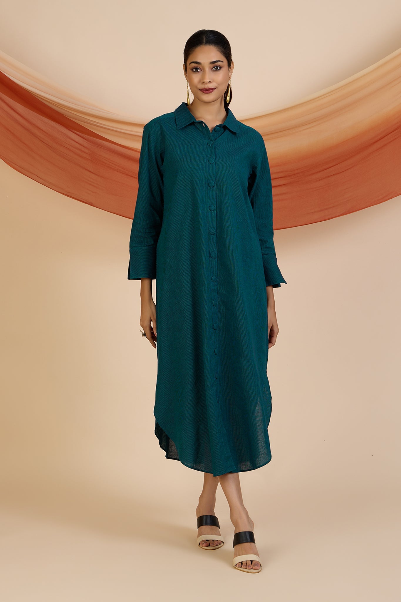 Maati Craft Azure Feather Lines Long Shirt Dress