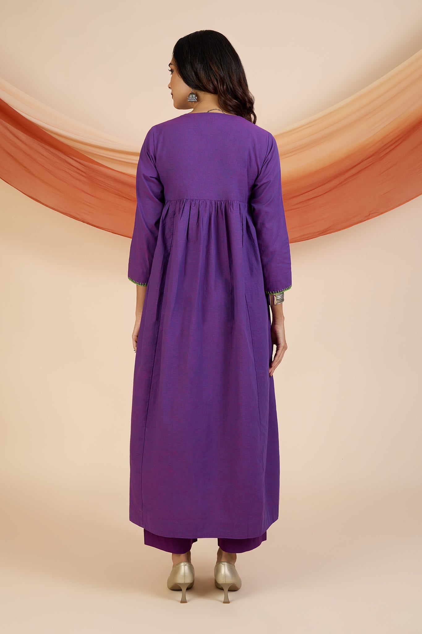 Maati Craft Co-ord Set Vivid Violet & Lime V-Neck Gather Anarkali (Set of 2)