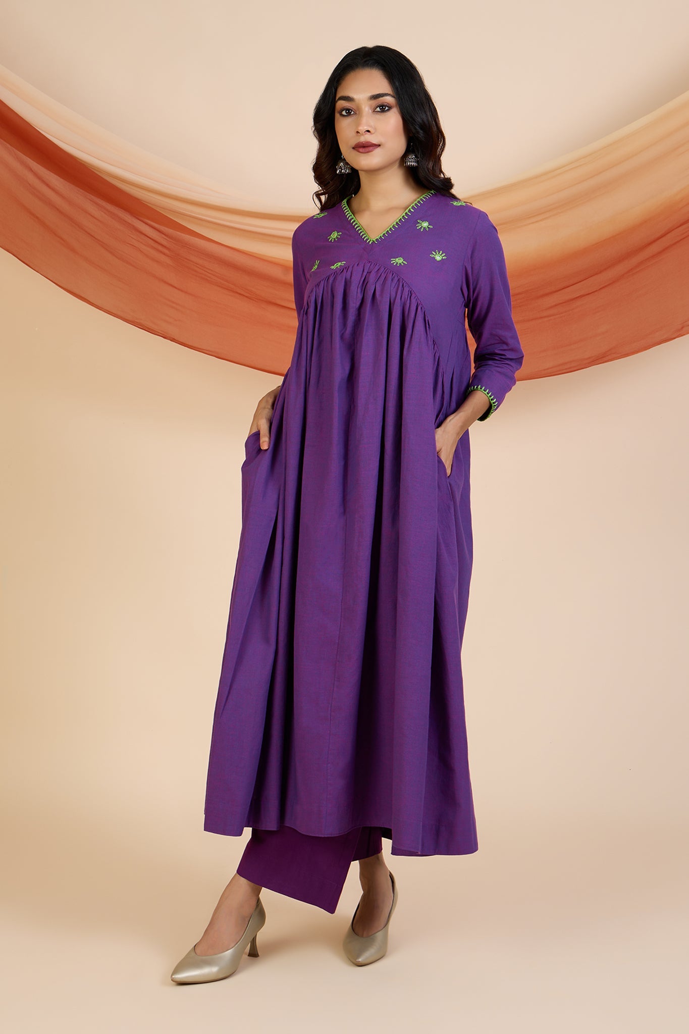 Maati Craft Co-ord Set Vivid Violet & Lime V-Neck Gather Anarkali (Set of 2)