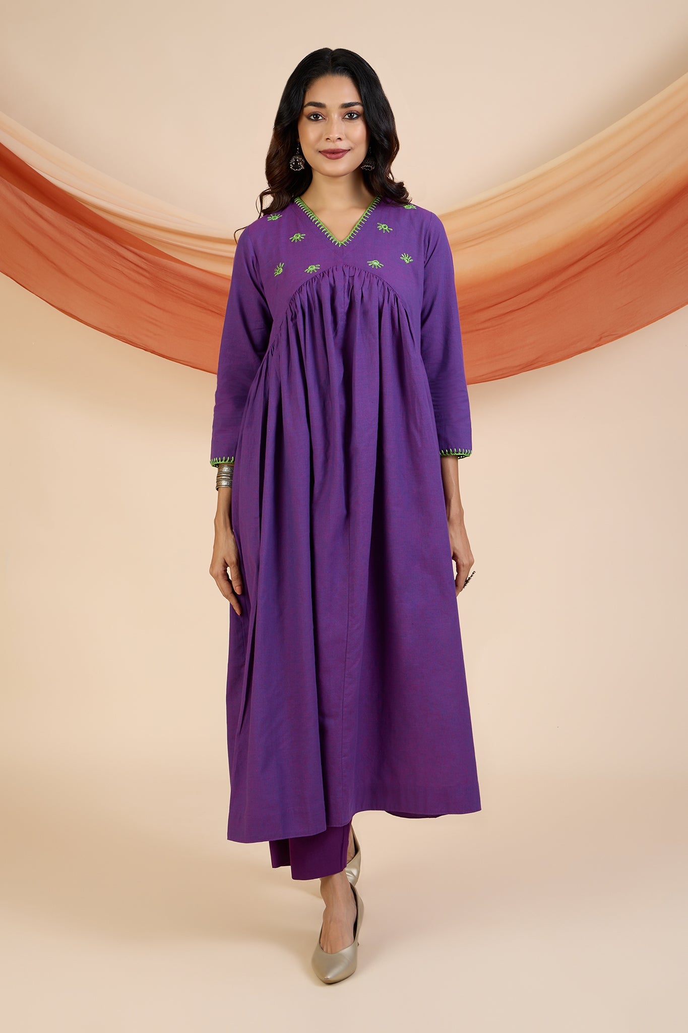 Maati Craft Co-ord Set Vivid Violet & Lime V-Neck Gather Anarkali (Set of 2)
