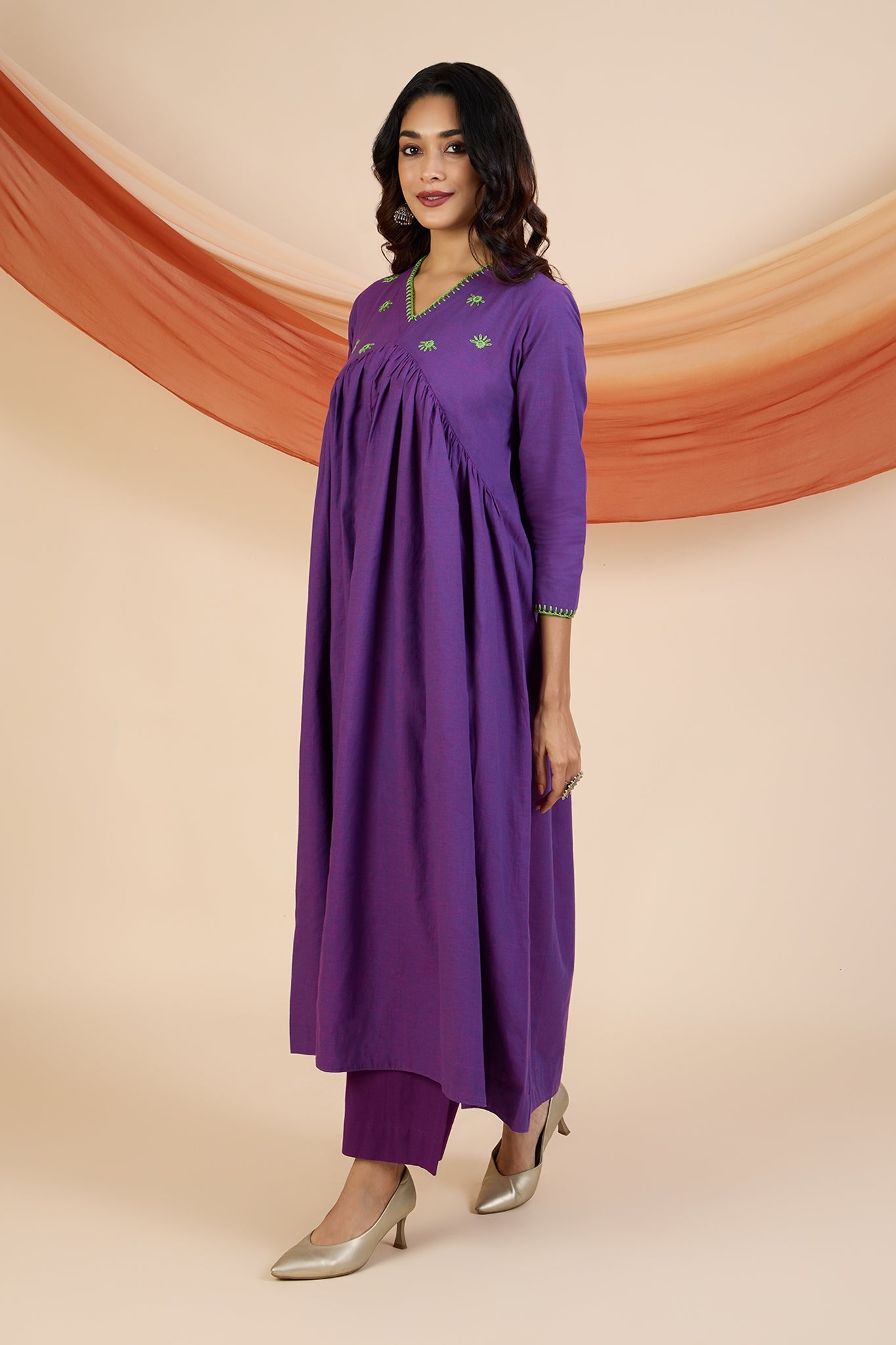 Maati Craft Co-ord Set Vivid Violet & Lime V-Neck Gather Anarkali (Set of 2)