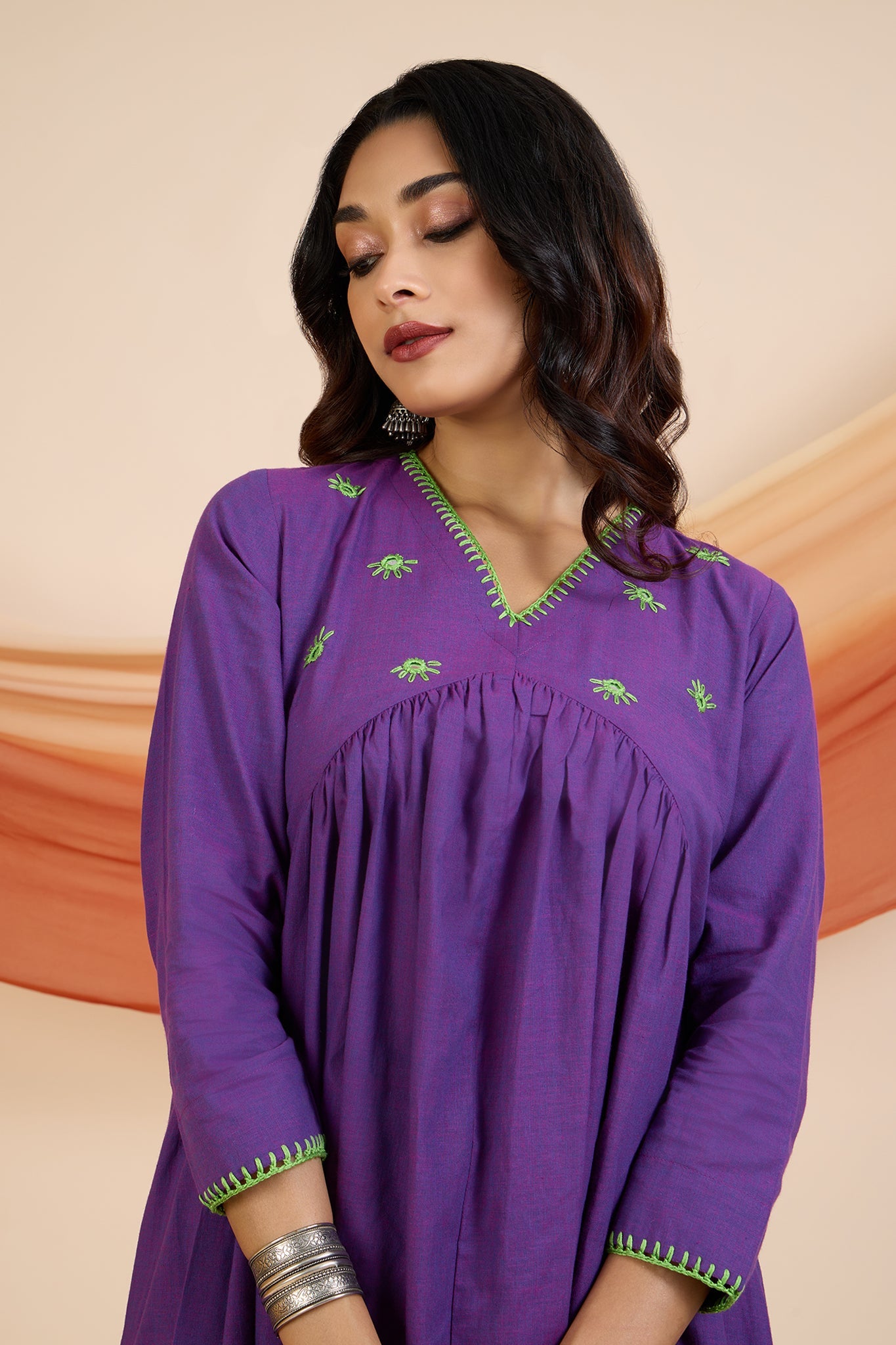 Maati Craft Co-ord Set Vivid Violet & Lime V-Neck Gather Anarkali (Set of 2)