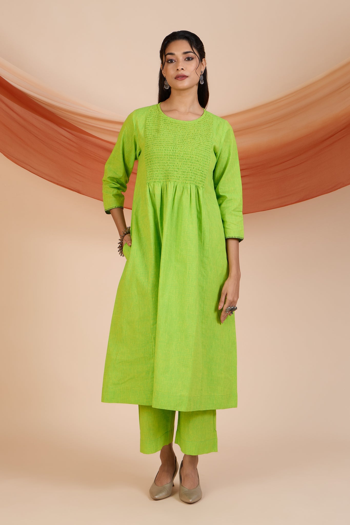 Maati Craft Co-ord Set Zest of Dawn Smocked Yoke Kurta & Pants