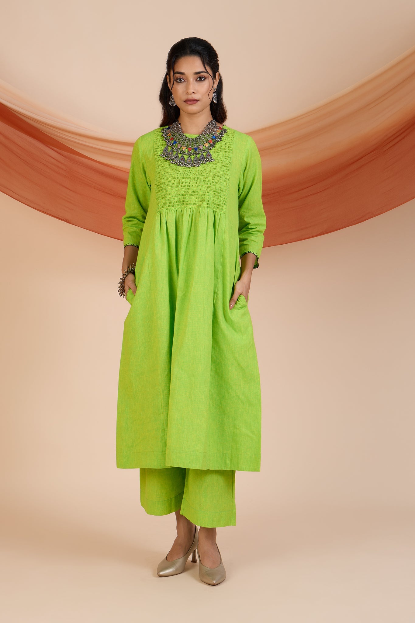 Maati Craft Co-ord Set Zest of Dawn Smocked Yoke Kurta & Pants