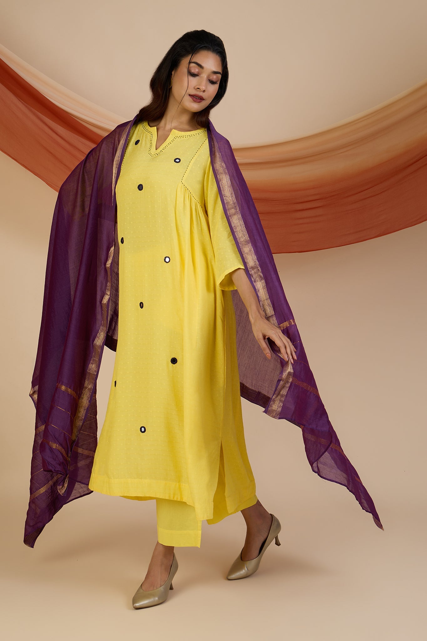 Maati Craft Co-ord Set Sunlit Violet Reflections Side Gather A-Line Kurta & Pants