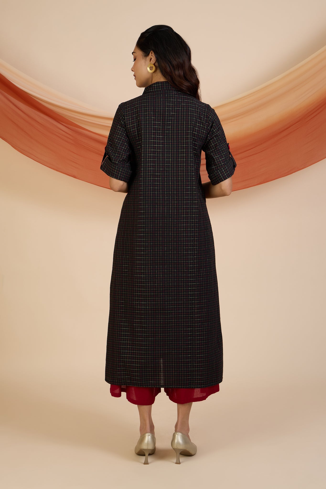 Maati Craft Ebony Gold Grid Box Pleat Shirt Dress