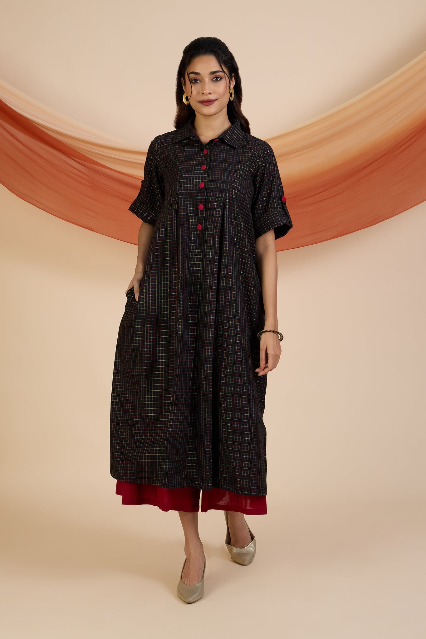 Maati Craft Ebony Gold Grid Box Pleat Shirt Dress