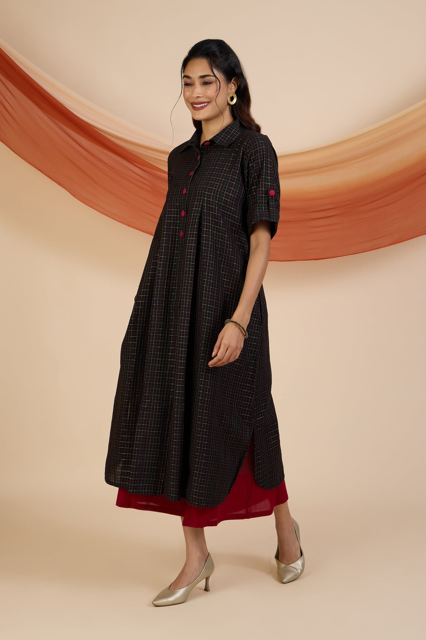 Maati Craft Ebony Gold Grid Box Pleat Shirt Dress