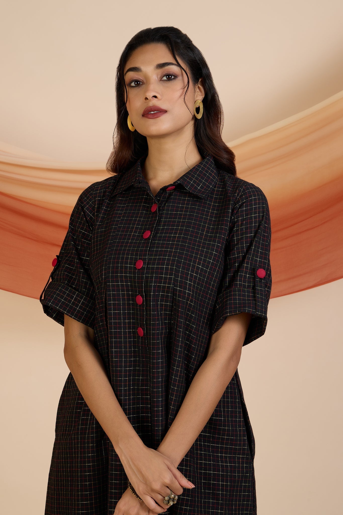 Maati Craft Ebony Gold Grid Box Pleat Shirt Dress