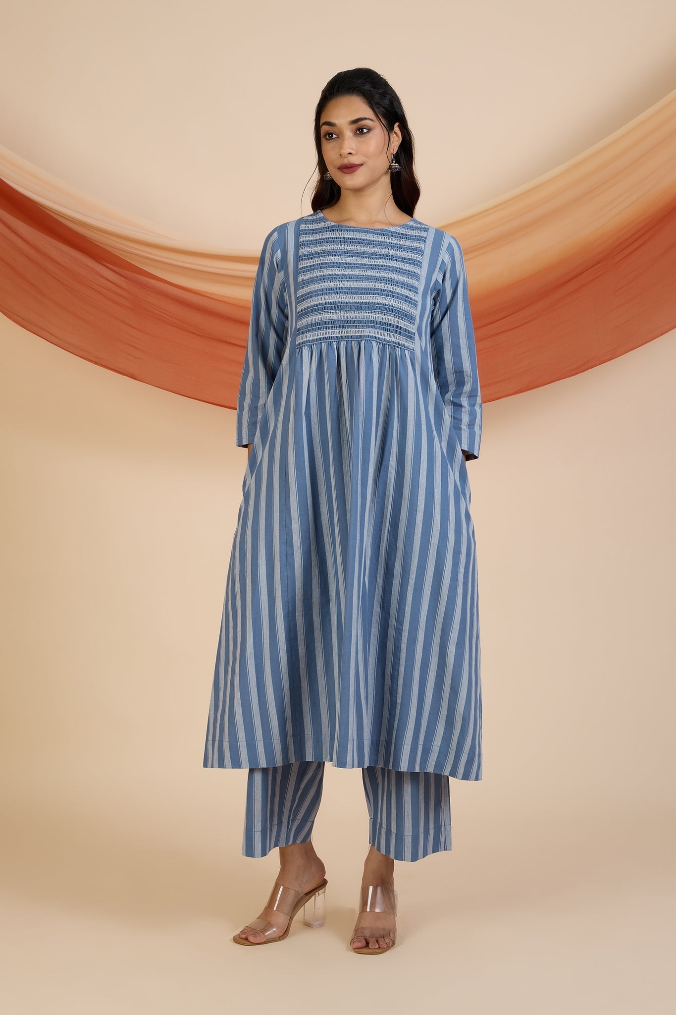 Maati Craft Co-ord Set Stormlight Stripes Smocked Yoke Kurta & Pants